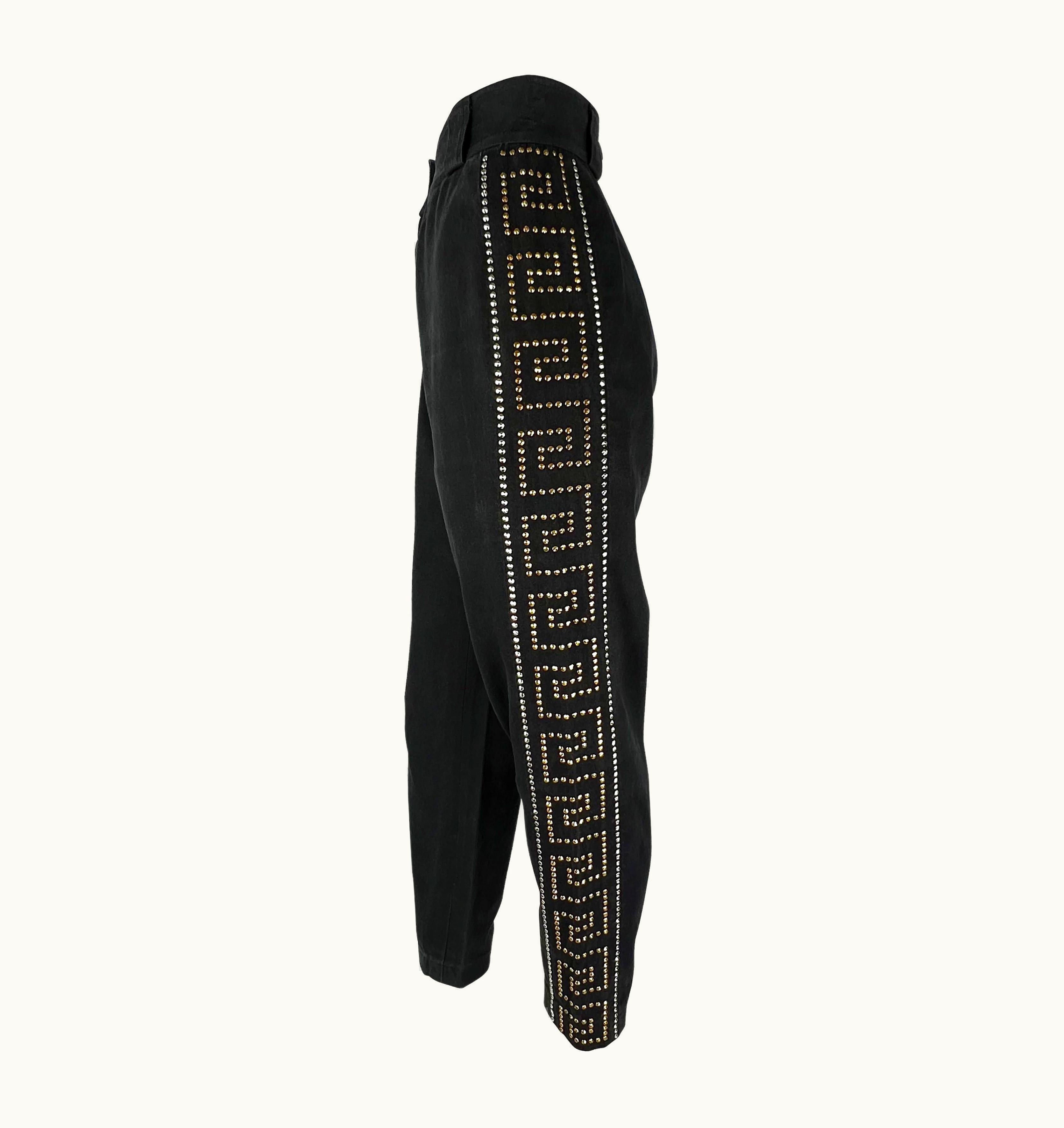 Gianni Versace Couture AW 1992 Gianni Versace Couture Greek Key Studded Gold Silver Black Jeans
