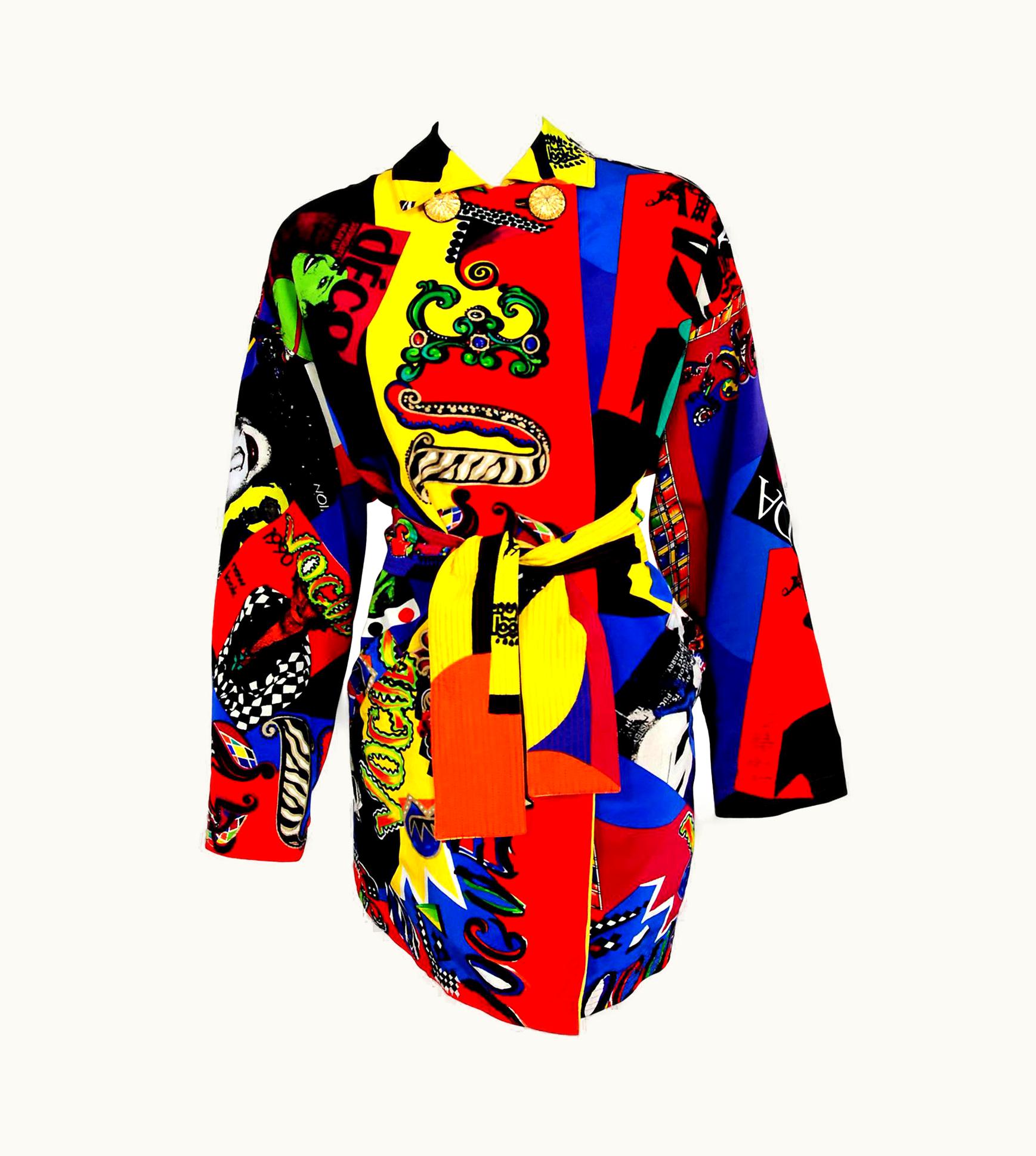 Versace Vintage 1991 Versace Couture Colorful Vogue Print Reversible Belted Trench Coat