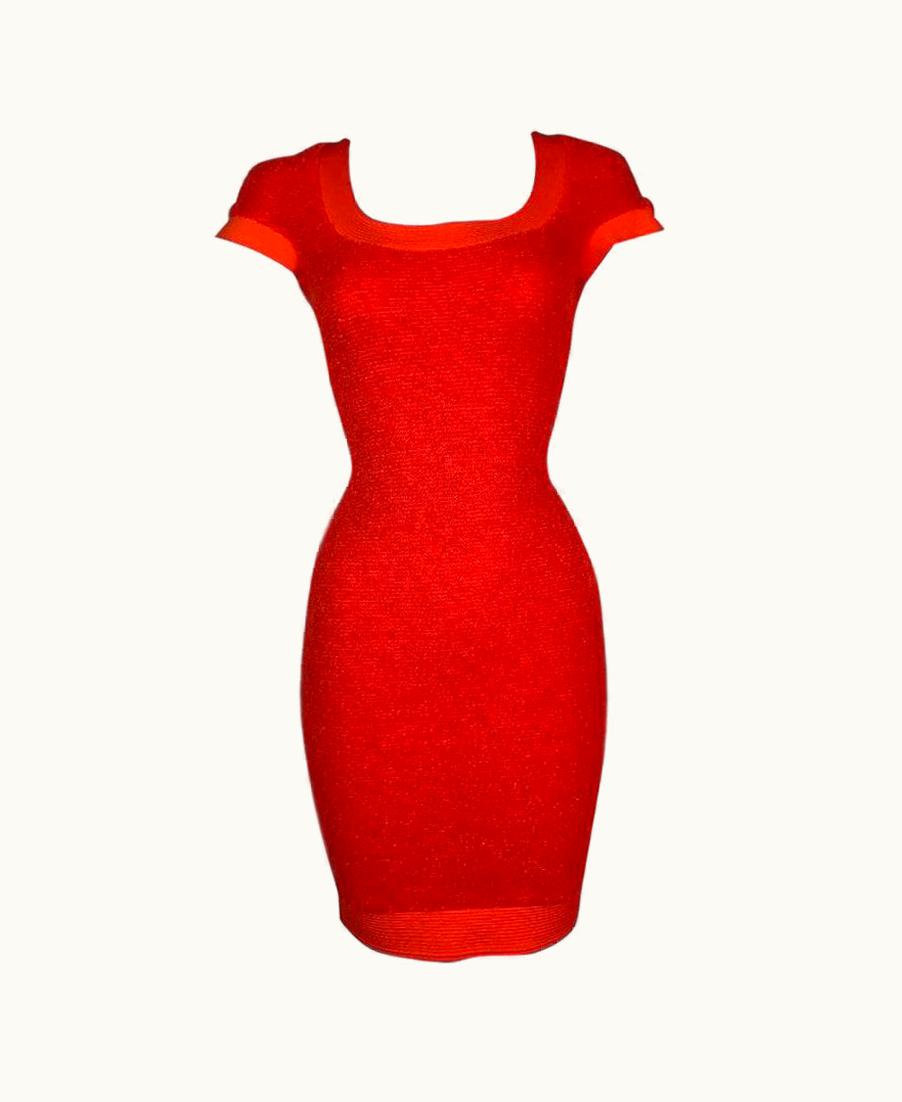 Gianni Versace Couture AW 1991 Gianni Versace Runway Stretchy Orange Boucle Mini Dress