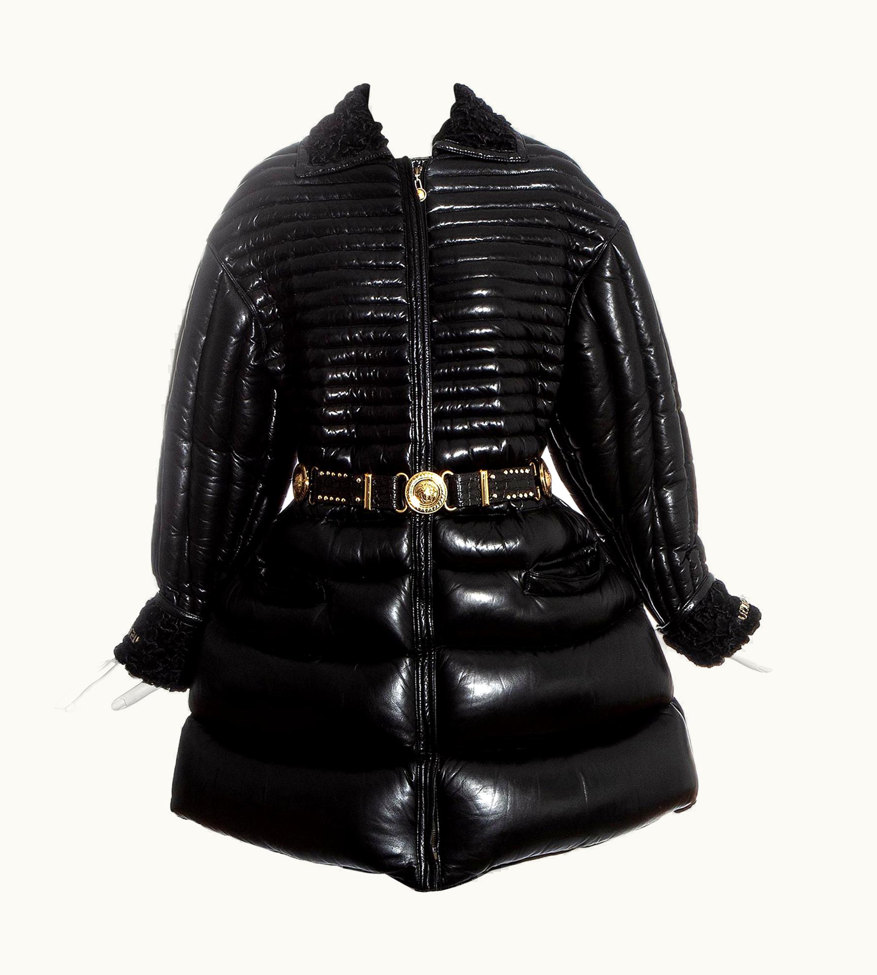 Gianni Versace Couture Gianni Versace Black Quilted Down Leather Dress Coat And Belt, AW 1992