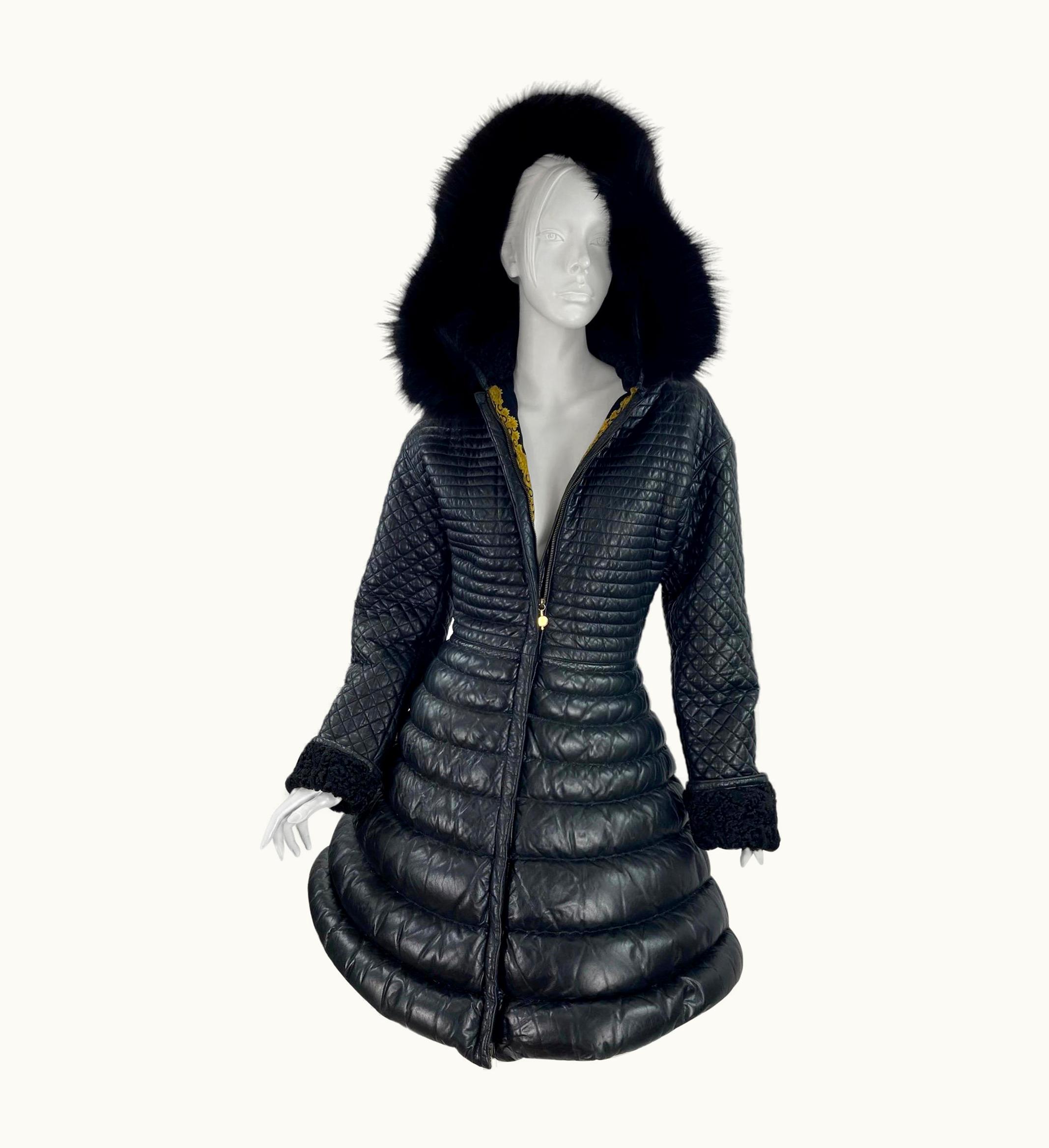 Gianni Versace Couture AW 1992 Rare Vintage Gianni Versace Leather Bondage Black Leather Down Coat
