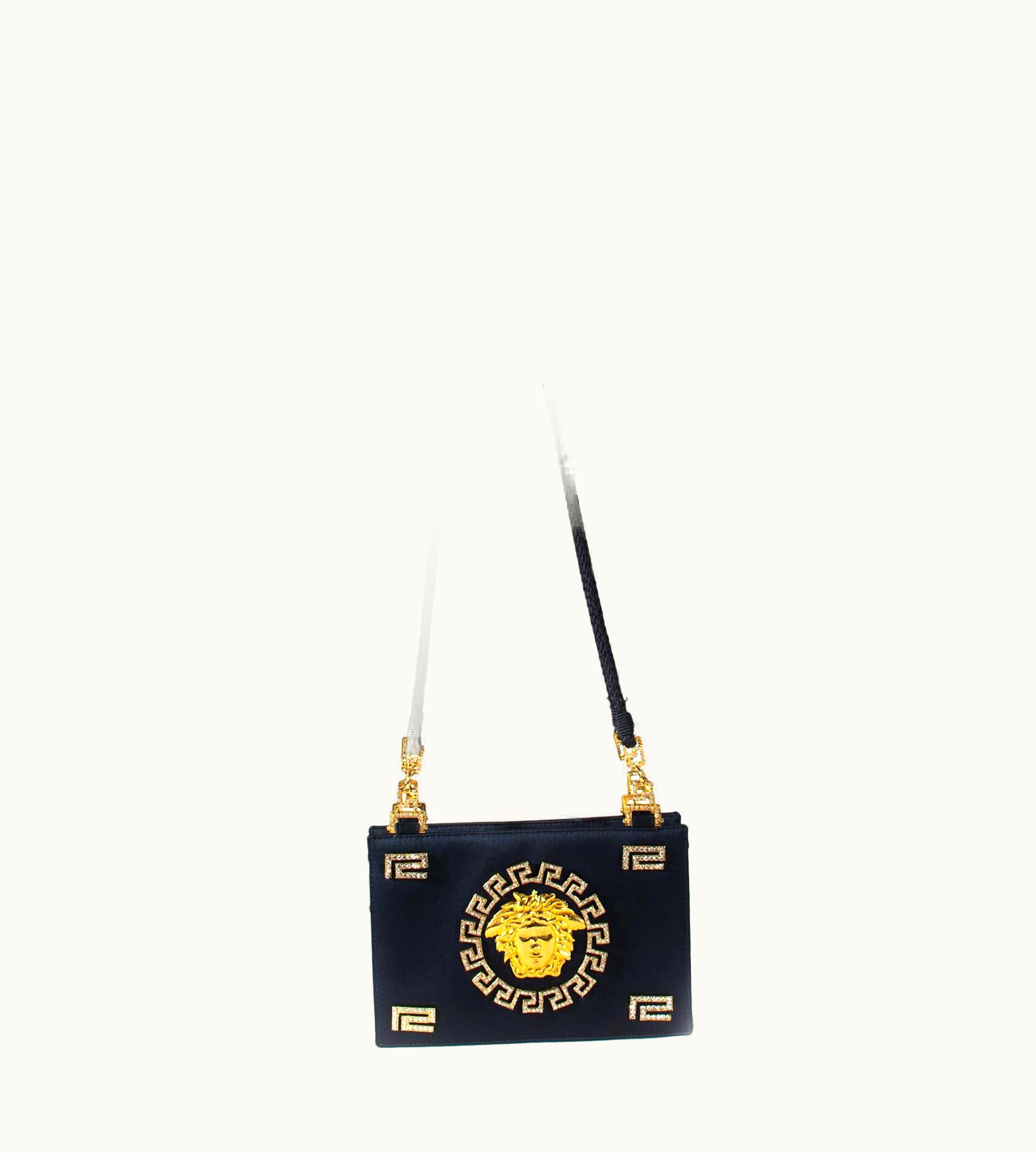 Gianni Versace Couture AW 1992 Gianni Versace Couture Blue Satin Gold And Rhinestone Medusa Bag