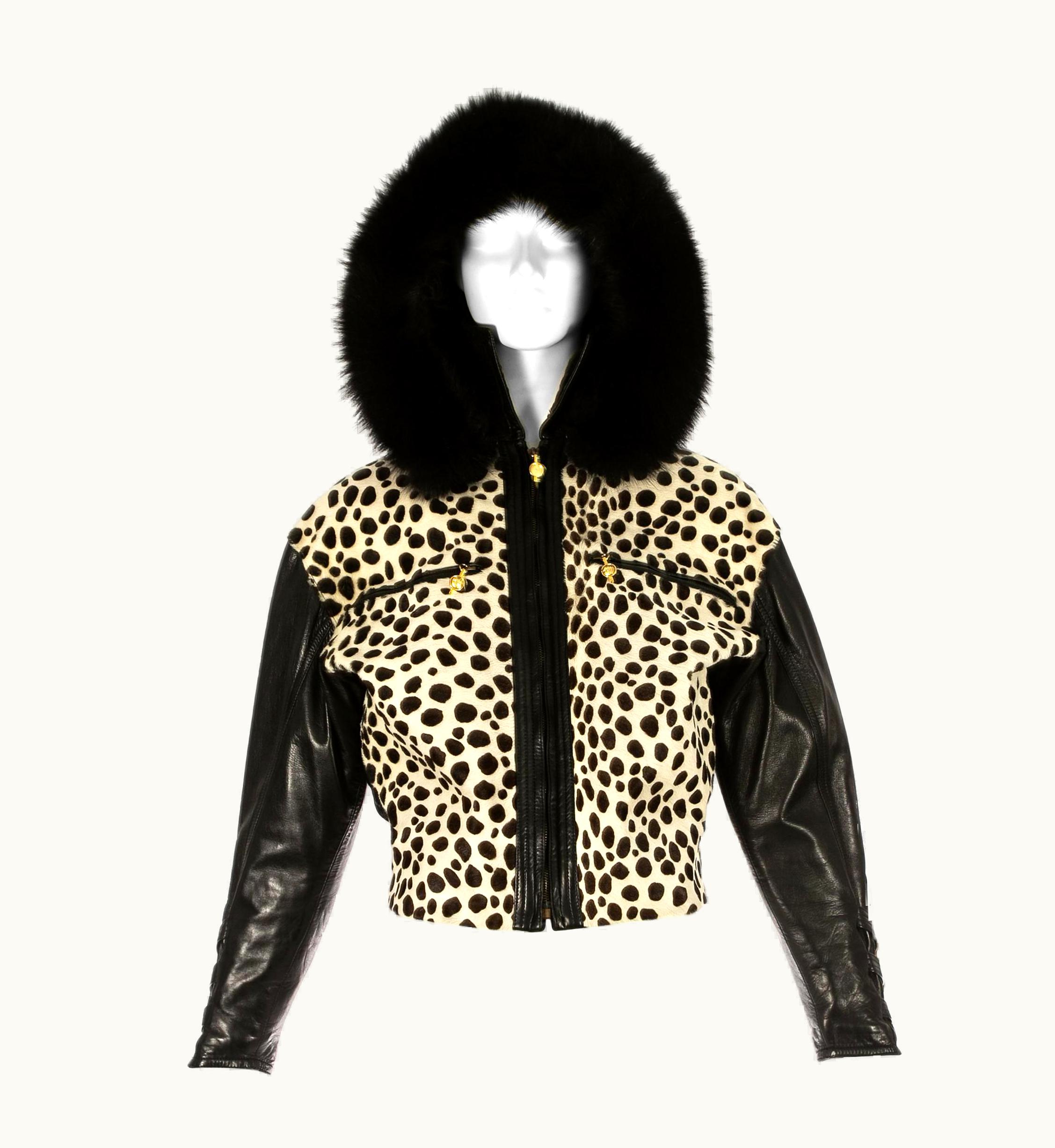 Gianni Versace Couture Gianni Versace Black Leather And Pony Hair Bomber Jacket With Fur Hood, AW 1992