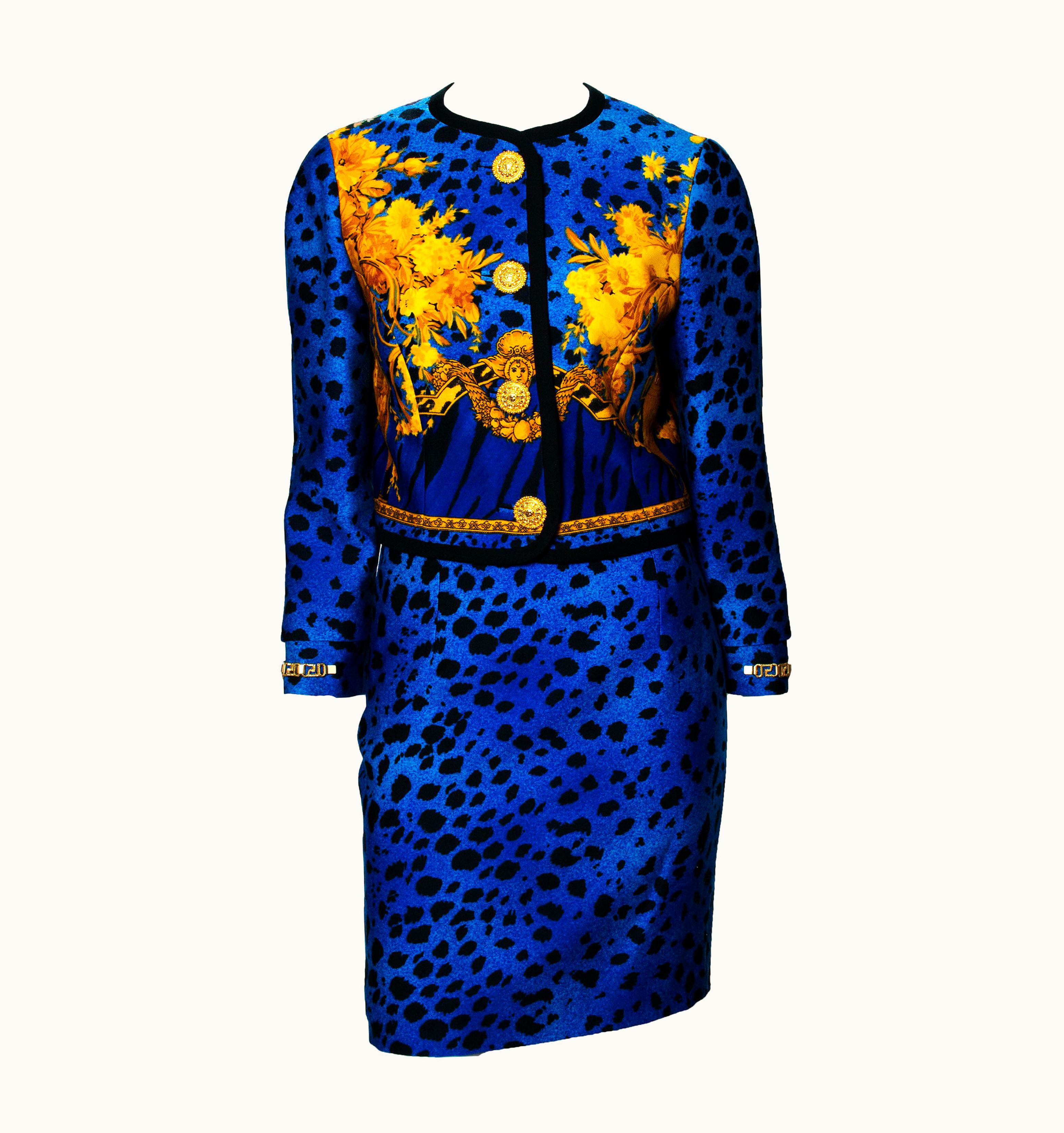 Gianni Versace Couture 1992 Gianni Versace Blue Baroque Leopard Print Skirt Suit With Gold Chain Cuffs