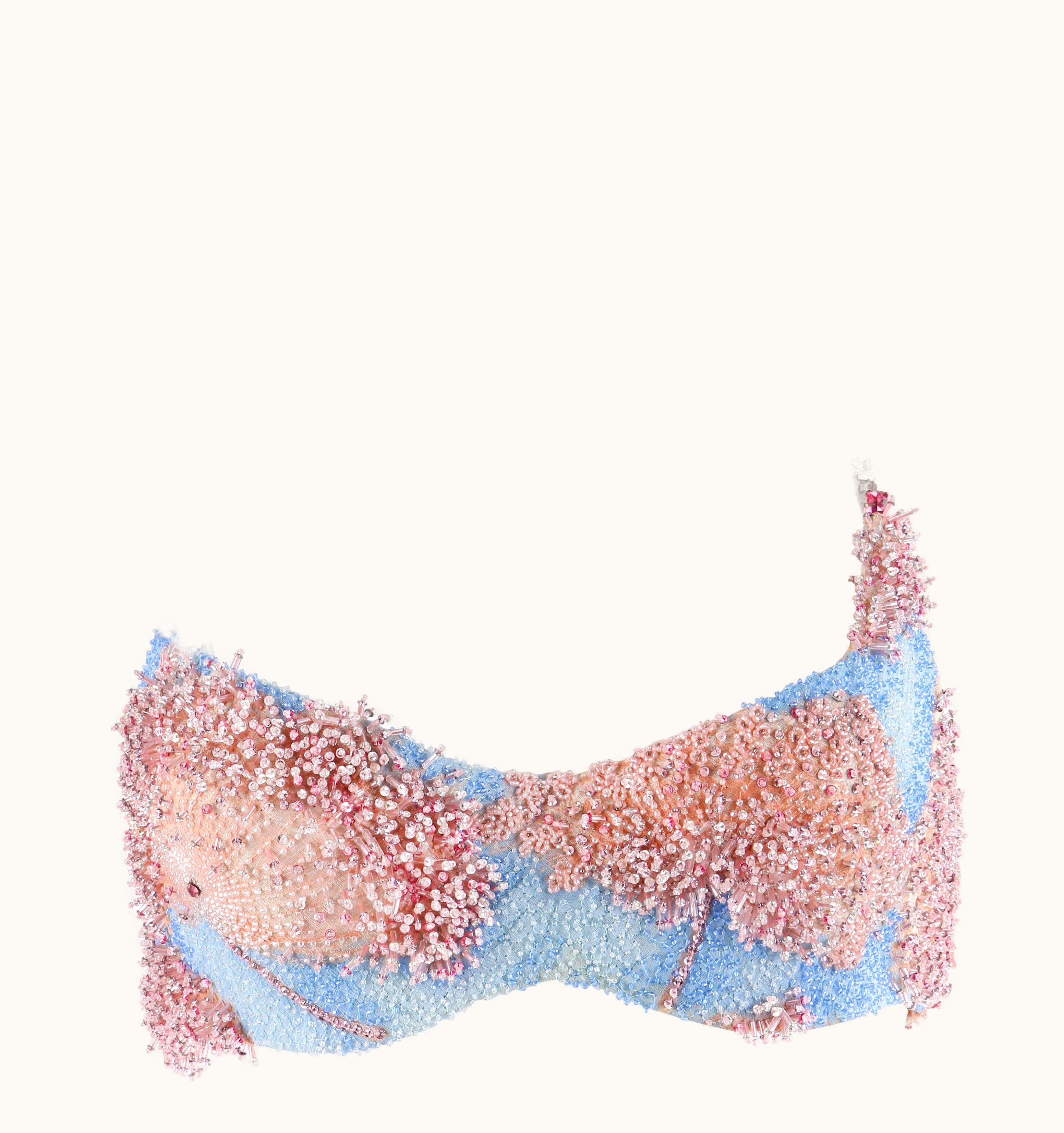 Versace Atelier S/S 1992 Pink & Blue Silk Crystal Beaded Floral Halter Bra Top