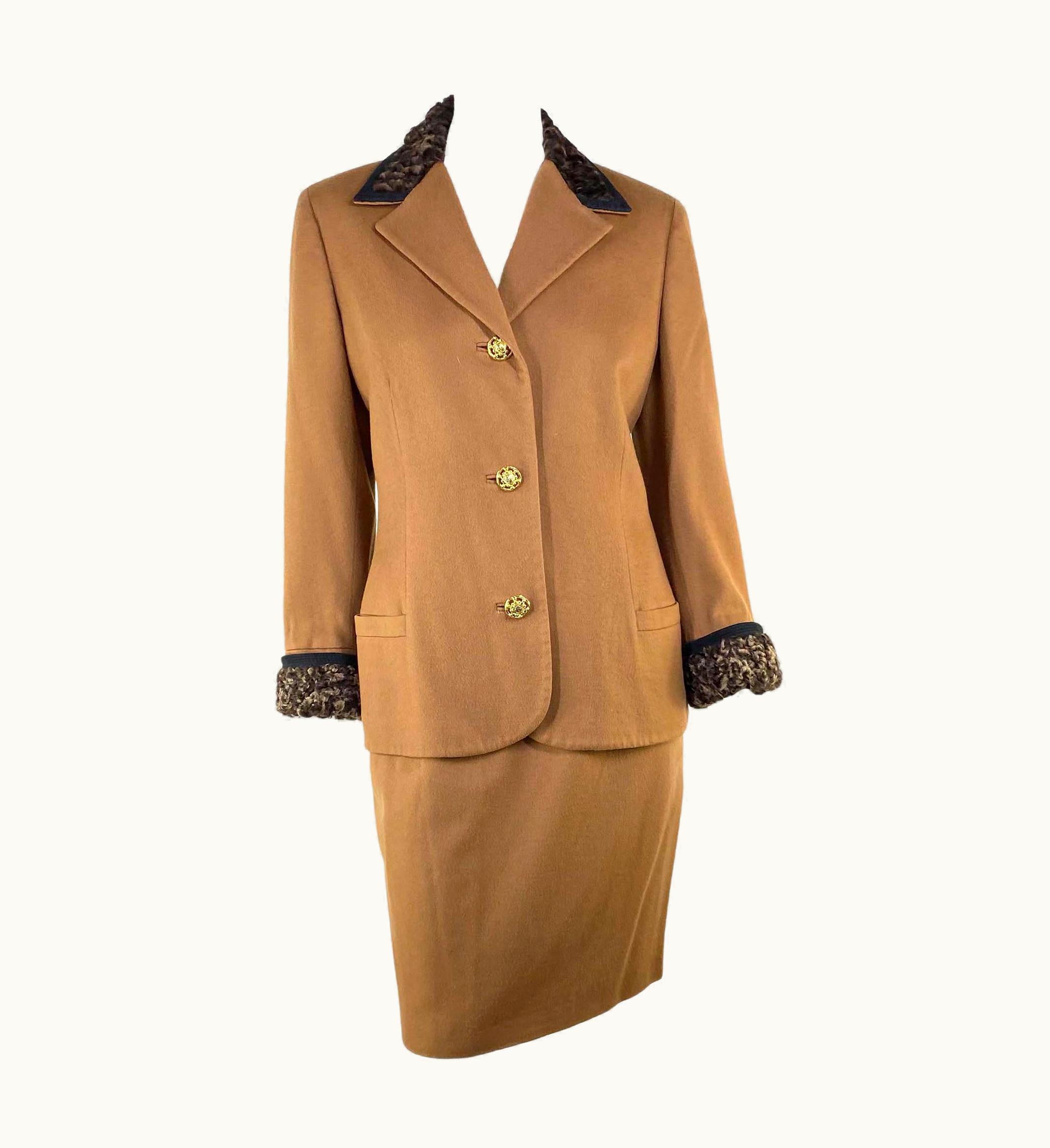 Gianni Versace Couture AW 1992 Gianni Versace Miss &m Camel Wool Leopard Print Fur Trim Skirt Suit