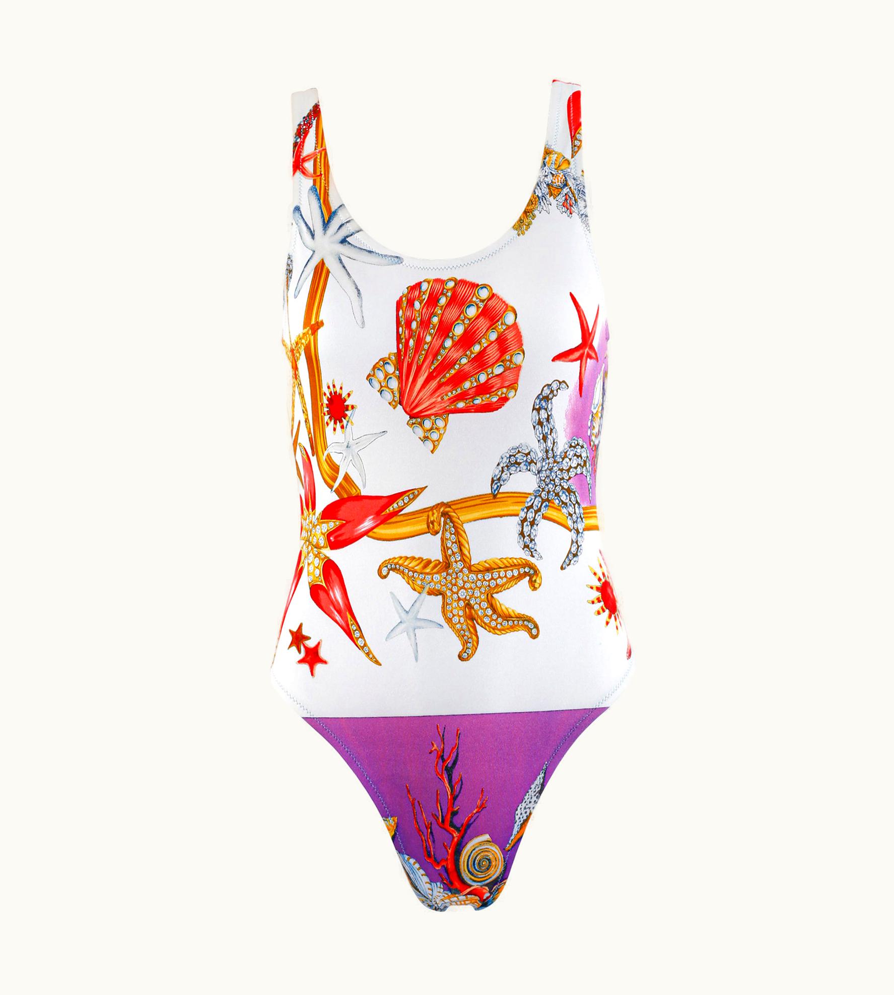 Gianni Versace Couture Gianni Versace S/S 1992 Starfish Seashell Print Plunge Back Swimsuit Bodysuit