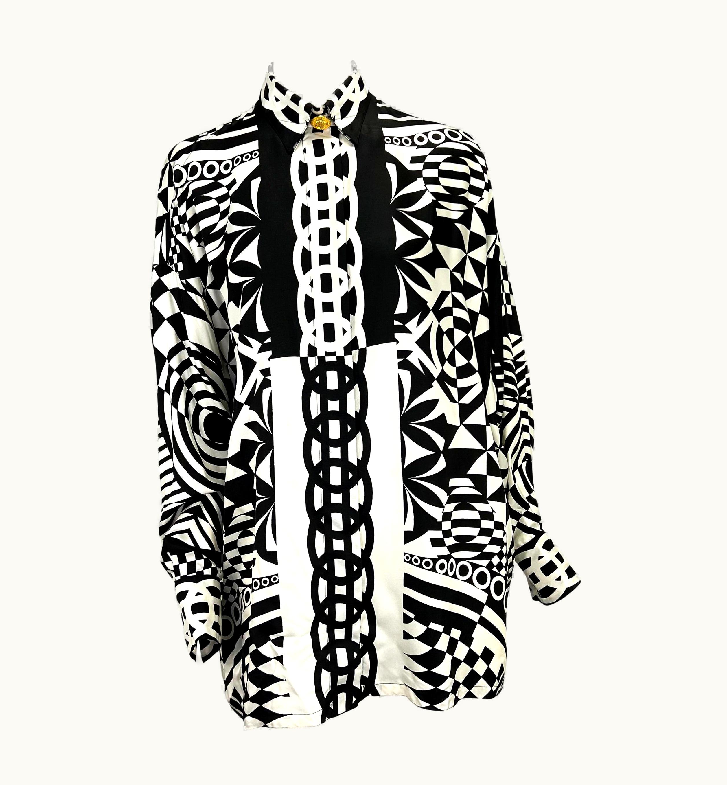 Gianni Versace Couture S/S 1992 Gianni Versace Couture Silk Black & White Geometric Print Button Down