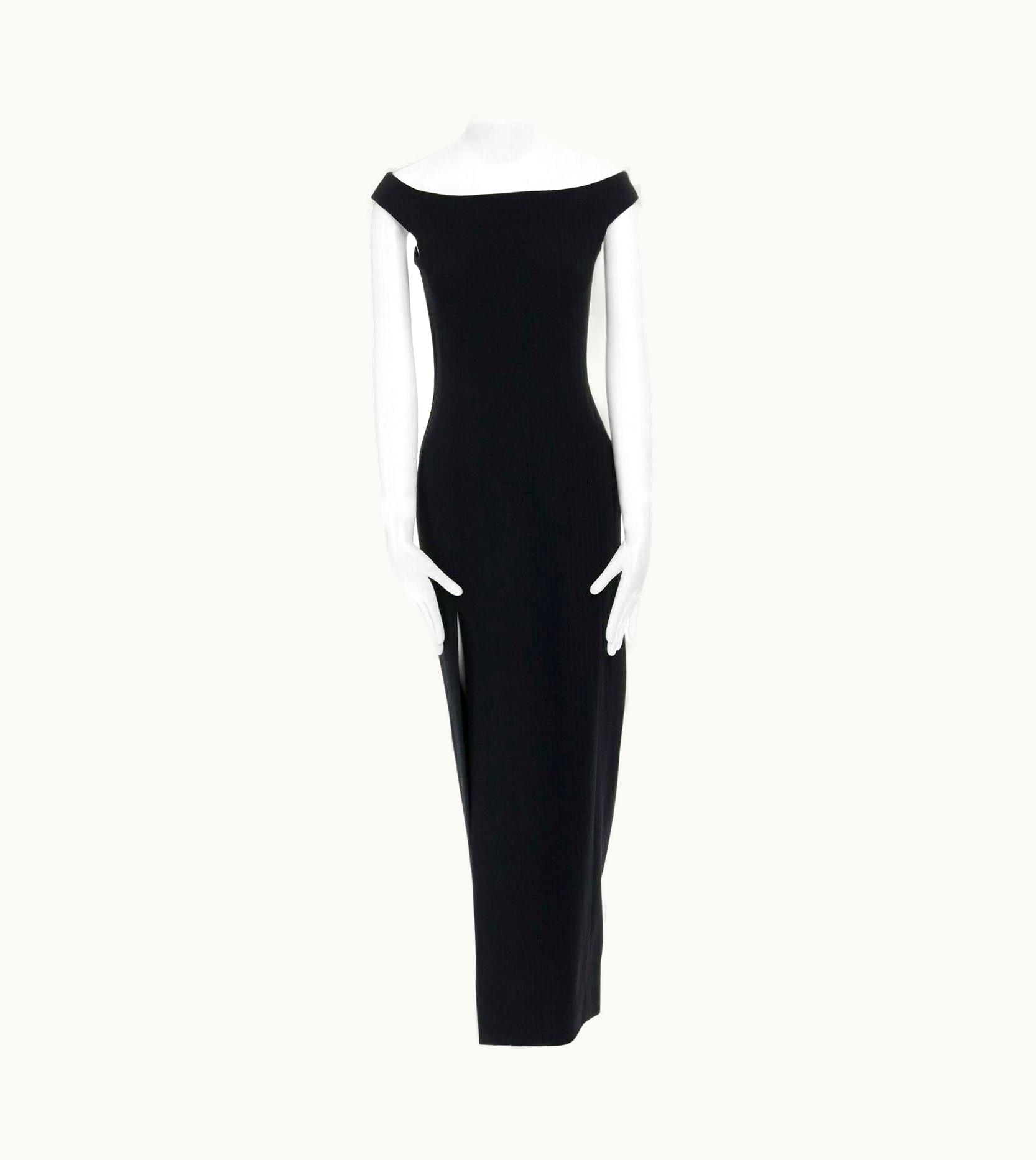 Gianni Versace Couture Gianni Versace 1992 Black Silk Wool Off Shoulder Front Slit Gown Dress
