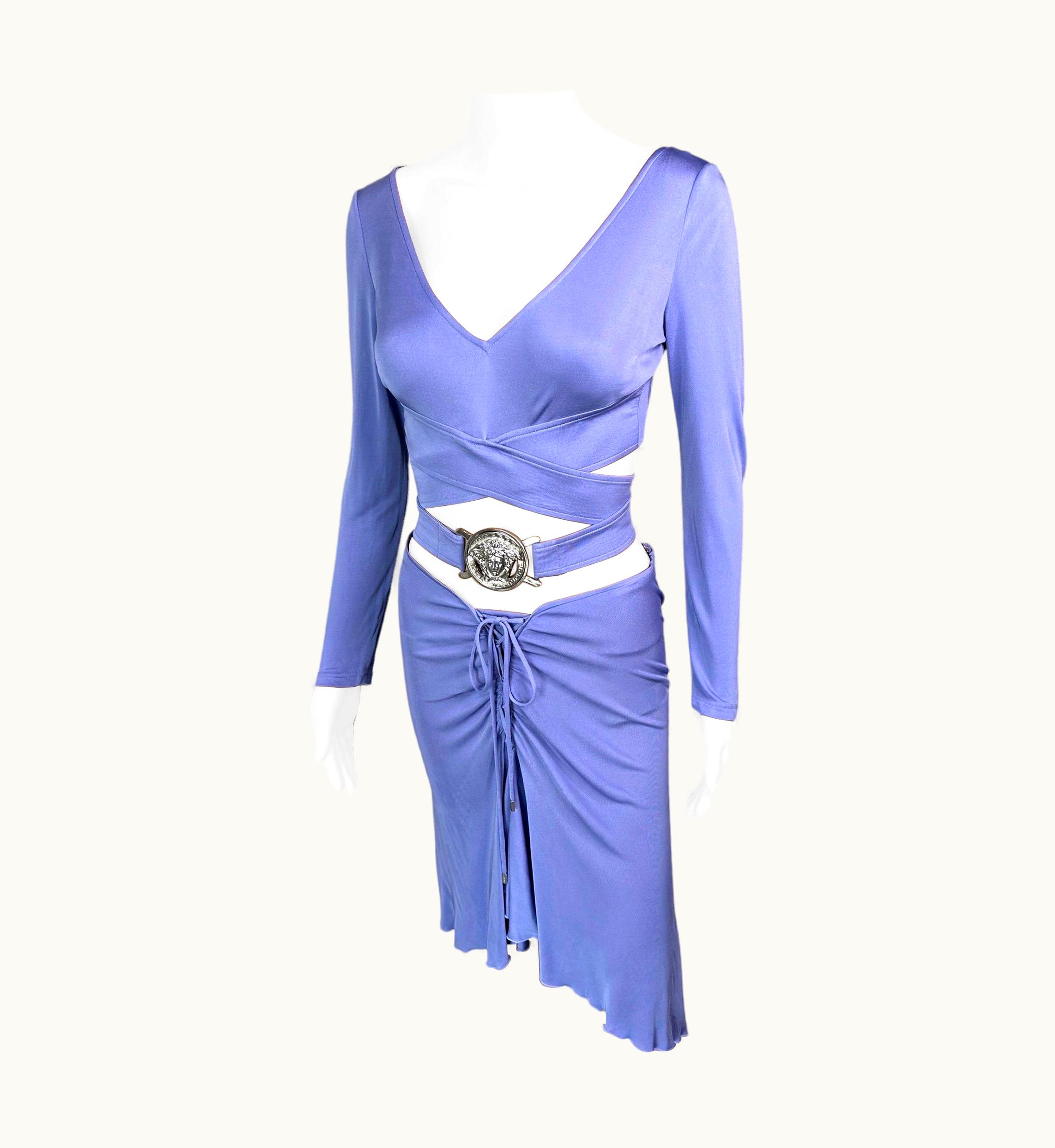 Versace S/S 2005 Logo Embellished Belted Wrap Crop Top & Skirt 2 Piece Set