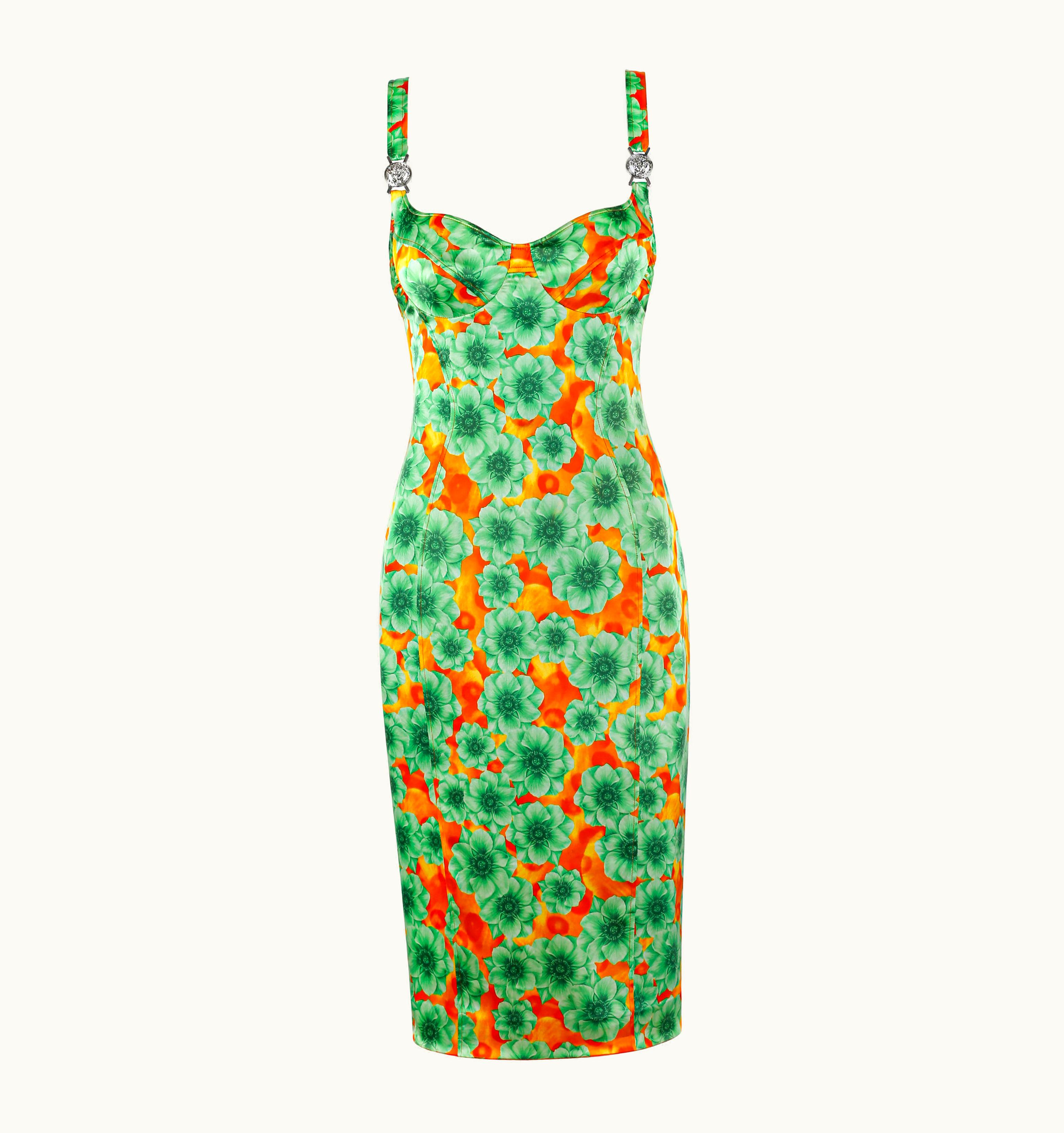 Versace Silk Floral Print Pop Art Medusa Coin Strap Bustier Bodycon Dress