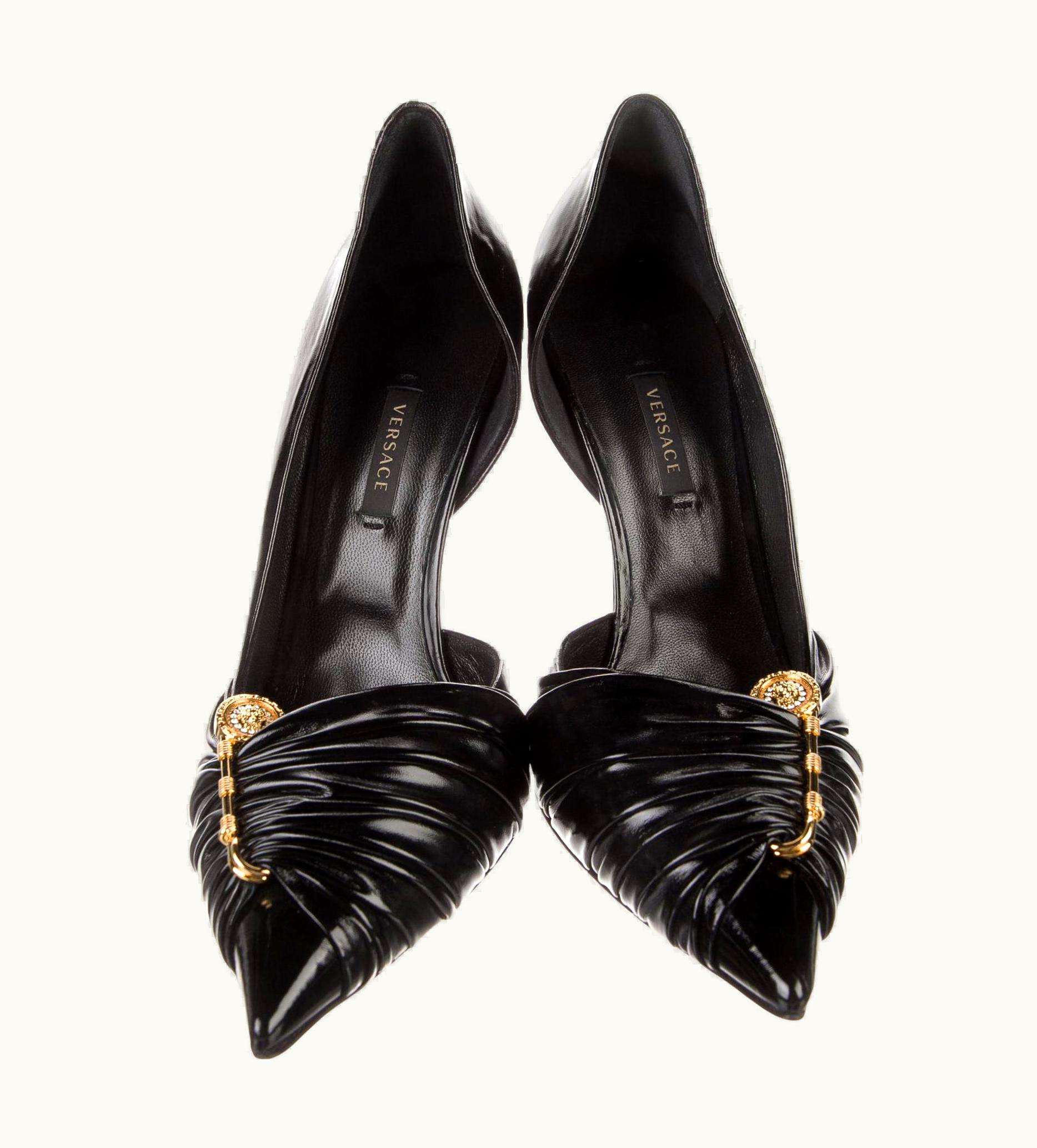 Versace Black Leather Safety Pin High Heels Shoes Pumps It 41 - Us