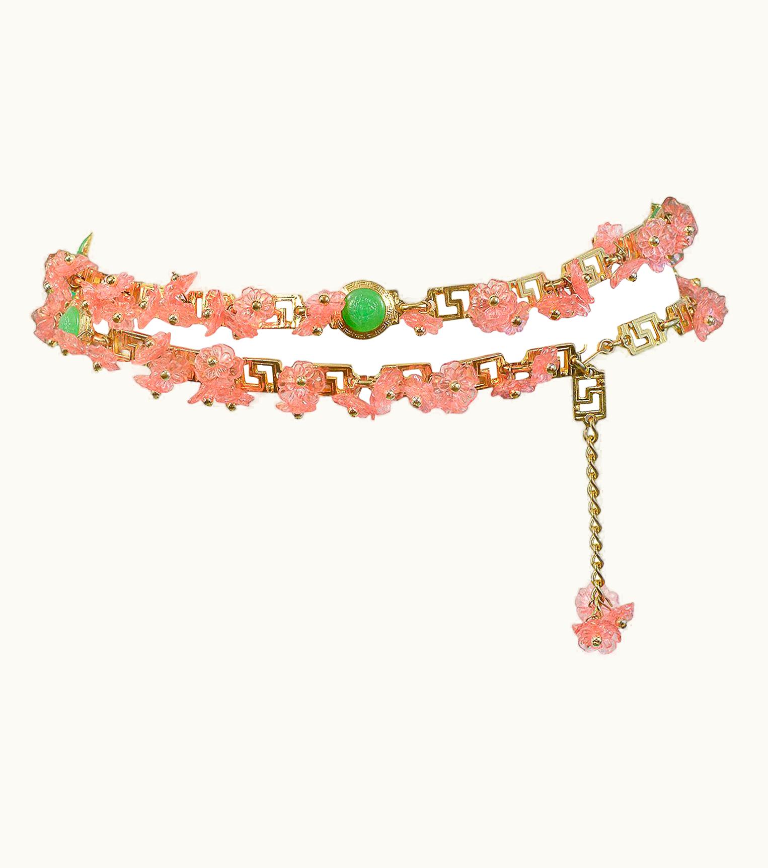 Gianni Versace Couture Vintage Gianni Versace 1993 Pink Floral Charm & Green Medusa Greco Belt 1993