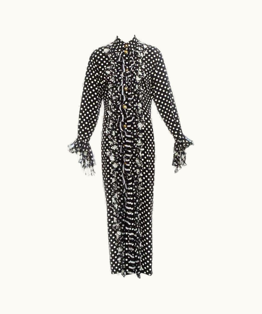 Gianni Versace Couture Gianni Versace Black And White Polkadot Silk Ruffled Shirt Dress, S/S 1993