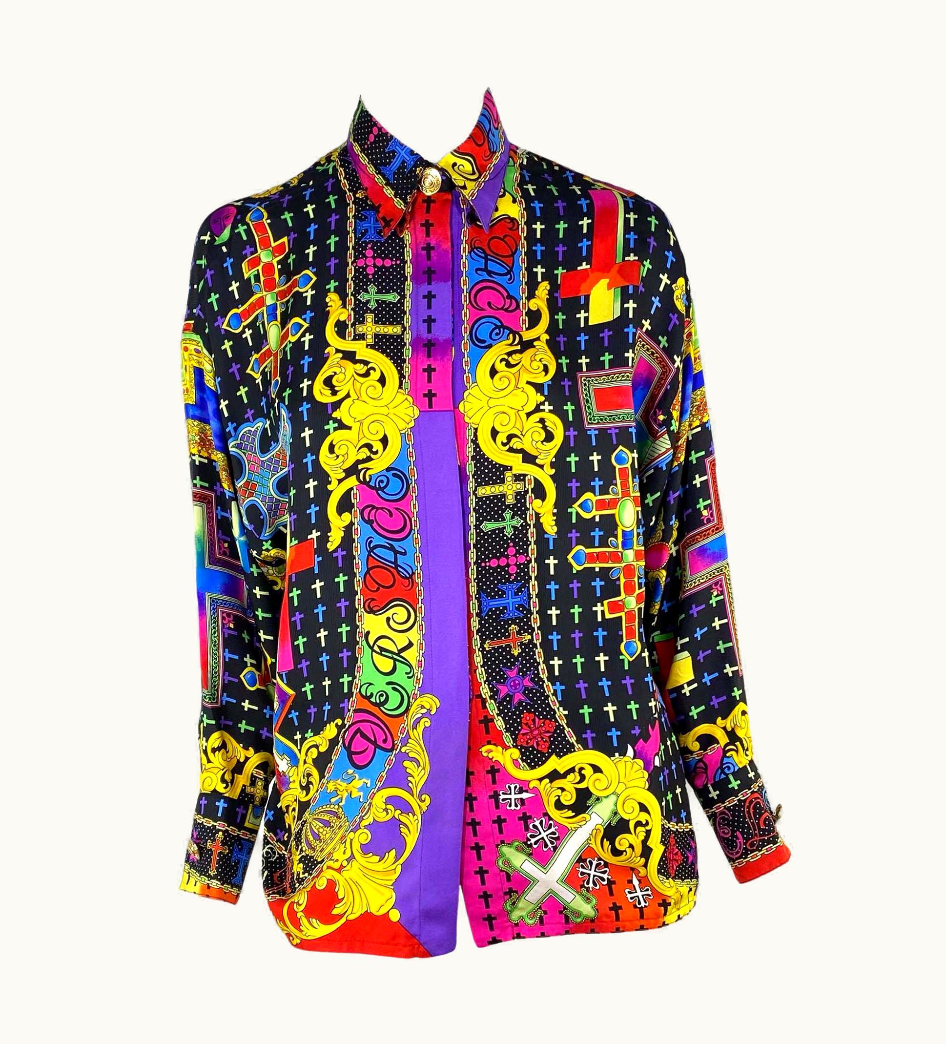 Gianni Versace Couture AW 1993 Gianni Versace Couture Baroque Technicolor Crucifix Print Button Down