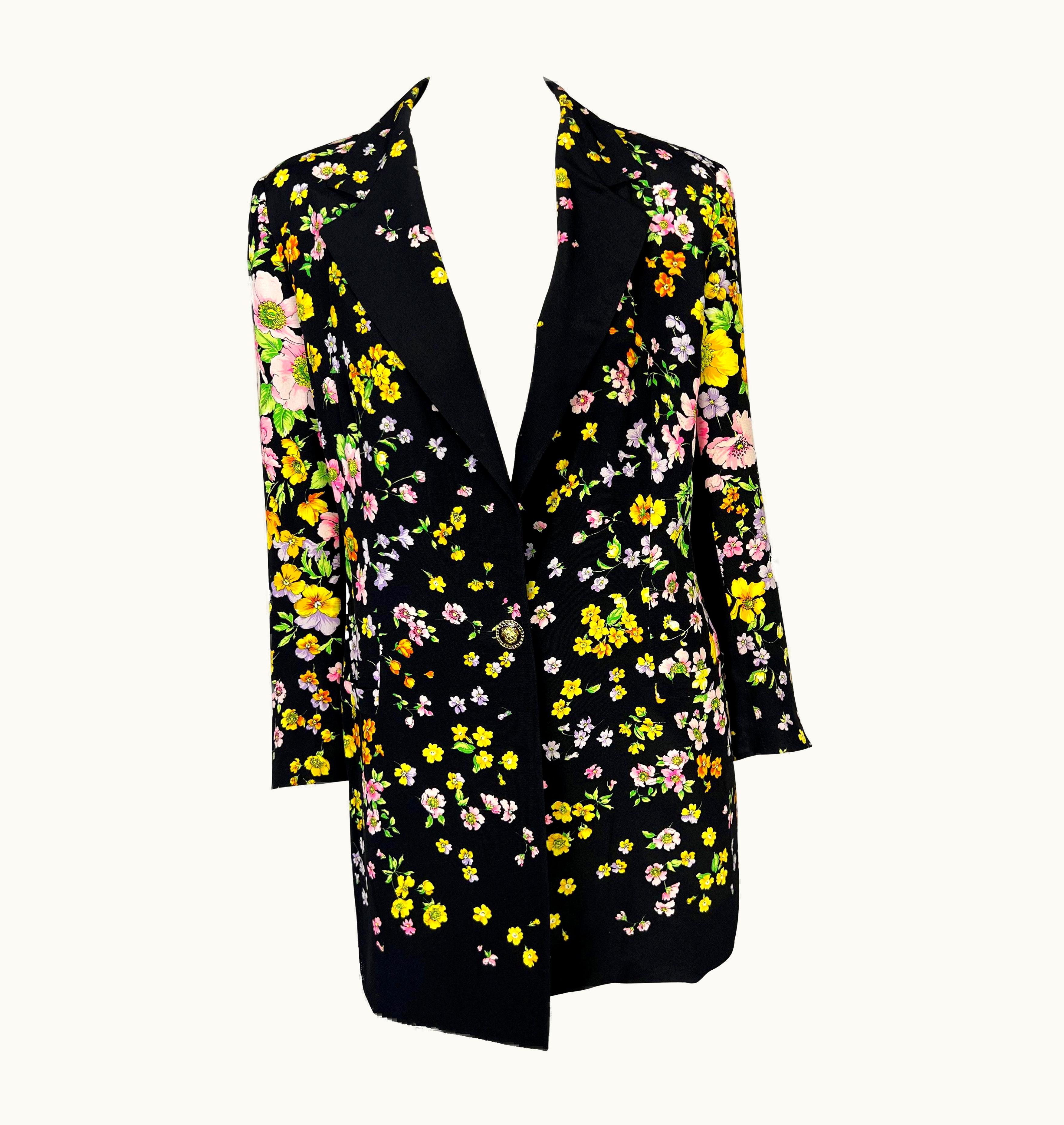 Gianni Versace Couture S/S 1993 Gianni Versace Couture Black Floral Print Silk Medusa Blazer Jacket