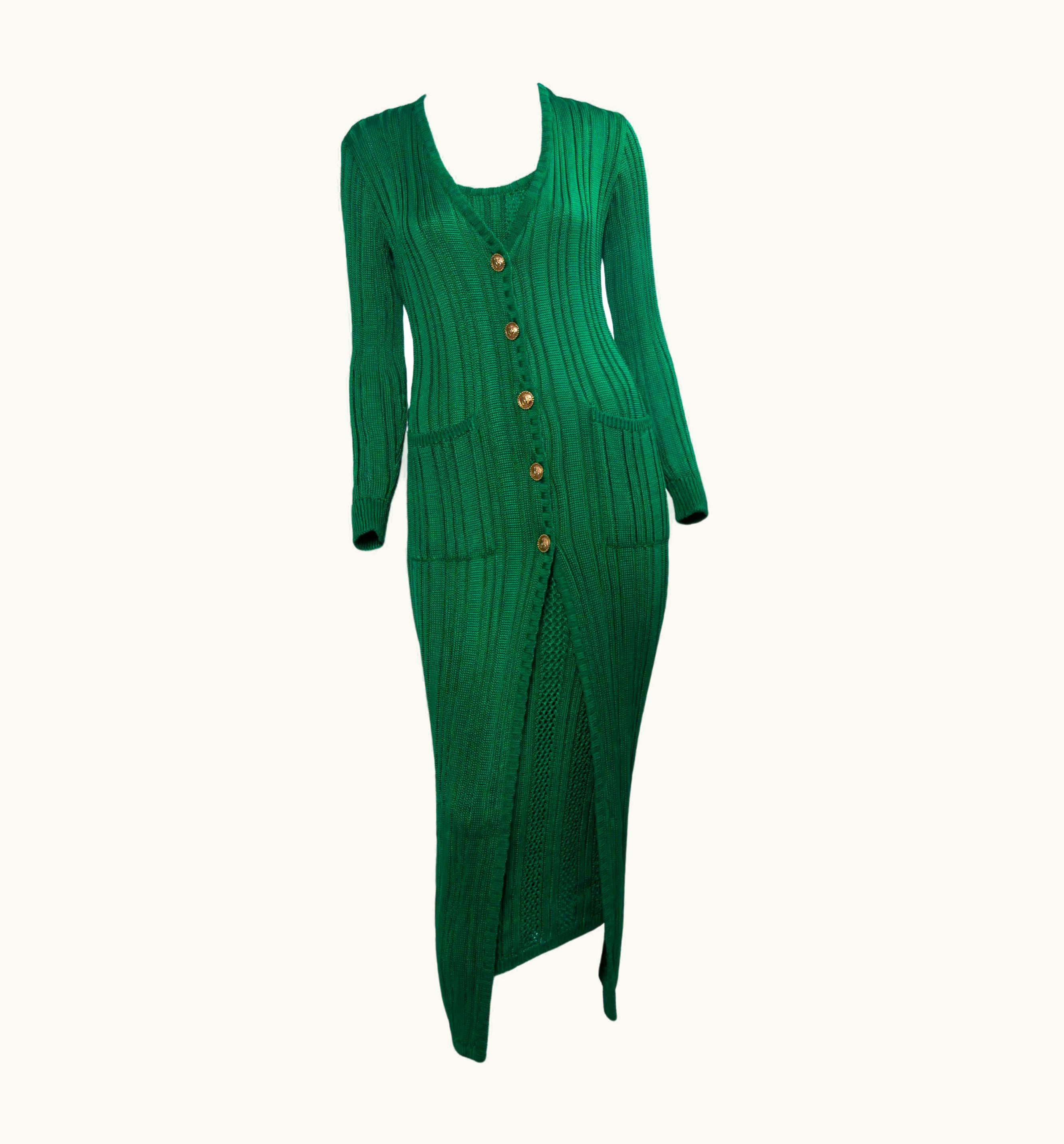 Gianni Versace Couture AW 1993 Gianni Versace Couture Green Knit Dress + Medusa Button Cardigan Set
