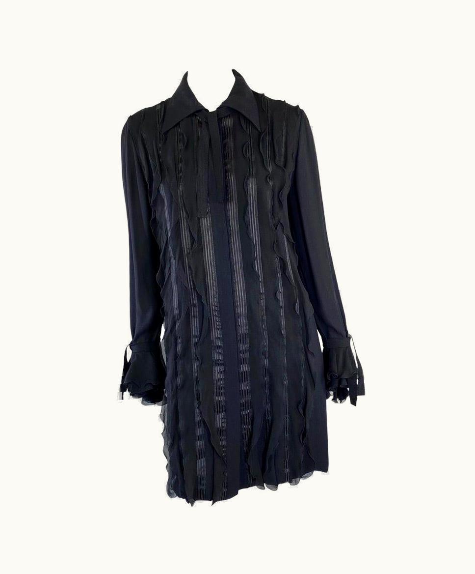 Gianni Versace Couture S/S 1993 Gianni Versace Couture Black Ruffle Chiffon Ribbon Shirt Dress