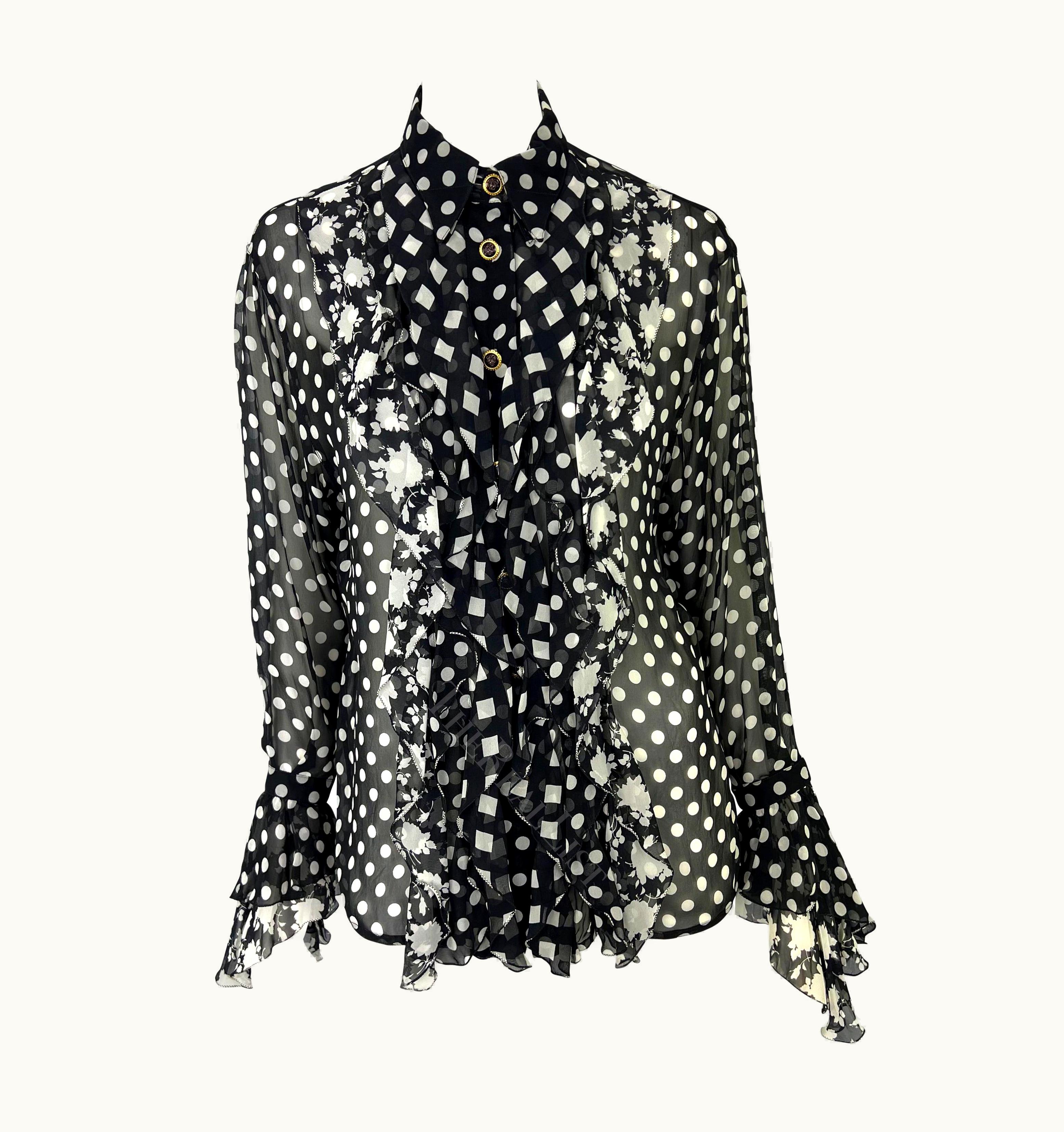 Gianni Versace Couture S/S 1993 Gianni Versace Runway Black White Sheer Polka Dot Floral Ruffle Top