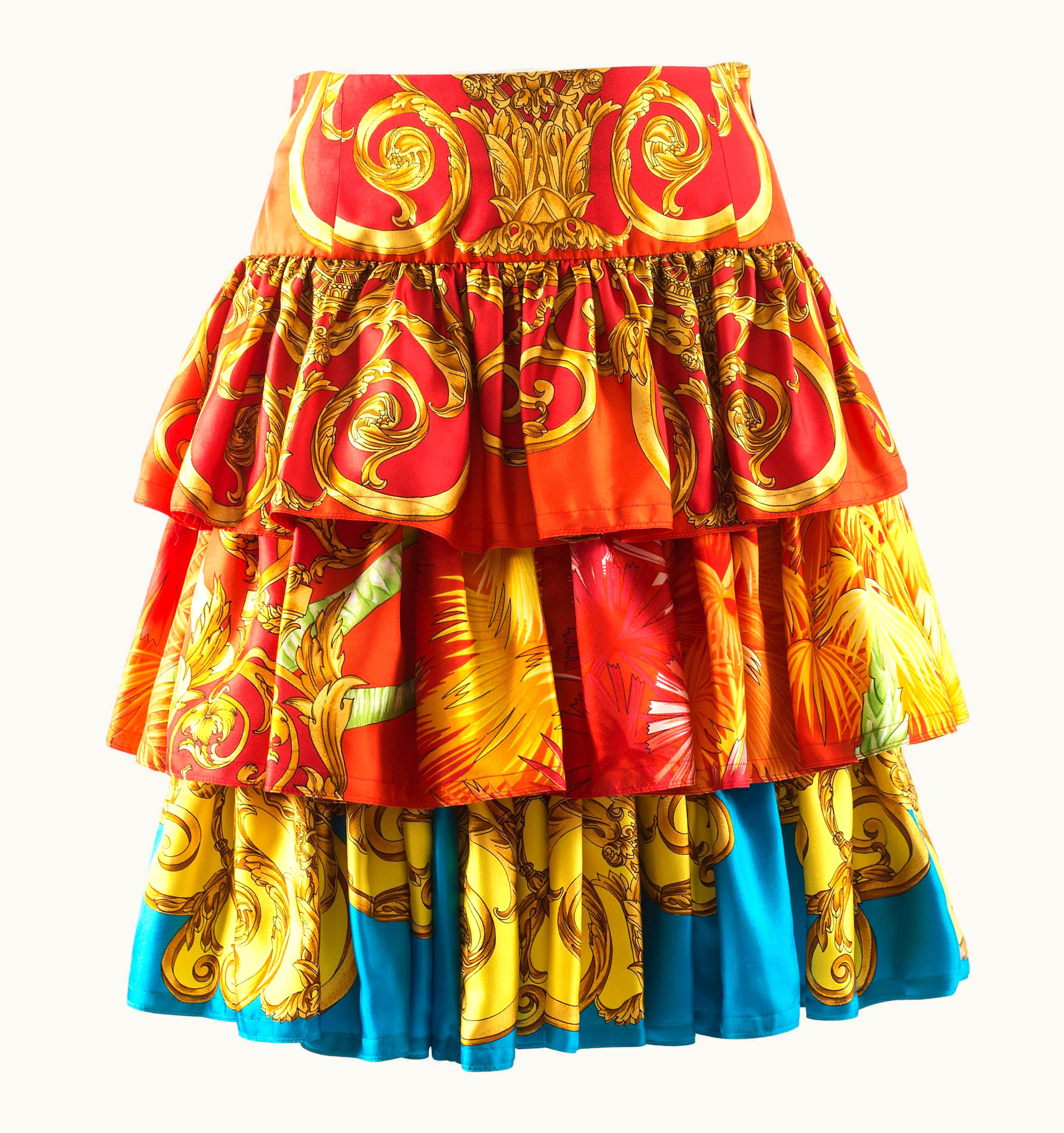 Gianni Versace Couture Gianni Versace Spring-Summer 1993 Printed Ruffled Tiered Silk Skirt