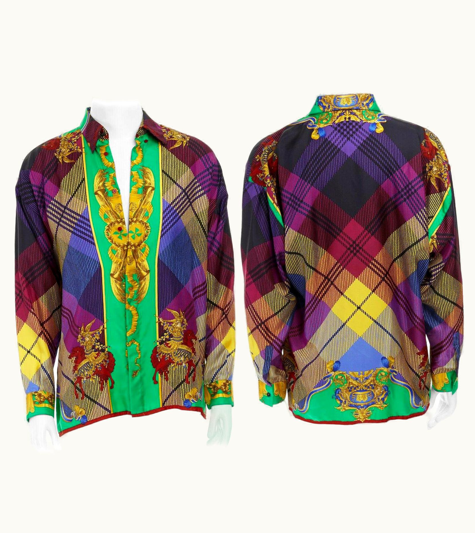 Gianni Versace Couture Gianni Versace 1993 Purple Brown Gold Baroque Angel Print Silk Shirt