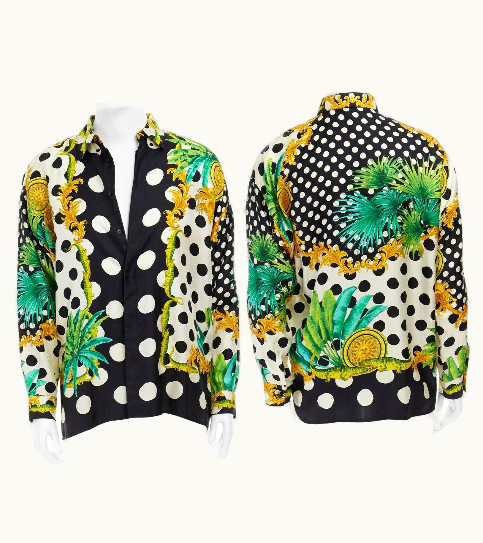 Gianni Versace Couture Gianni Versace 1993 Black White Polka Dot Palm Tree Medallion Silk Shirt