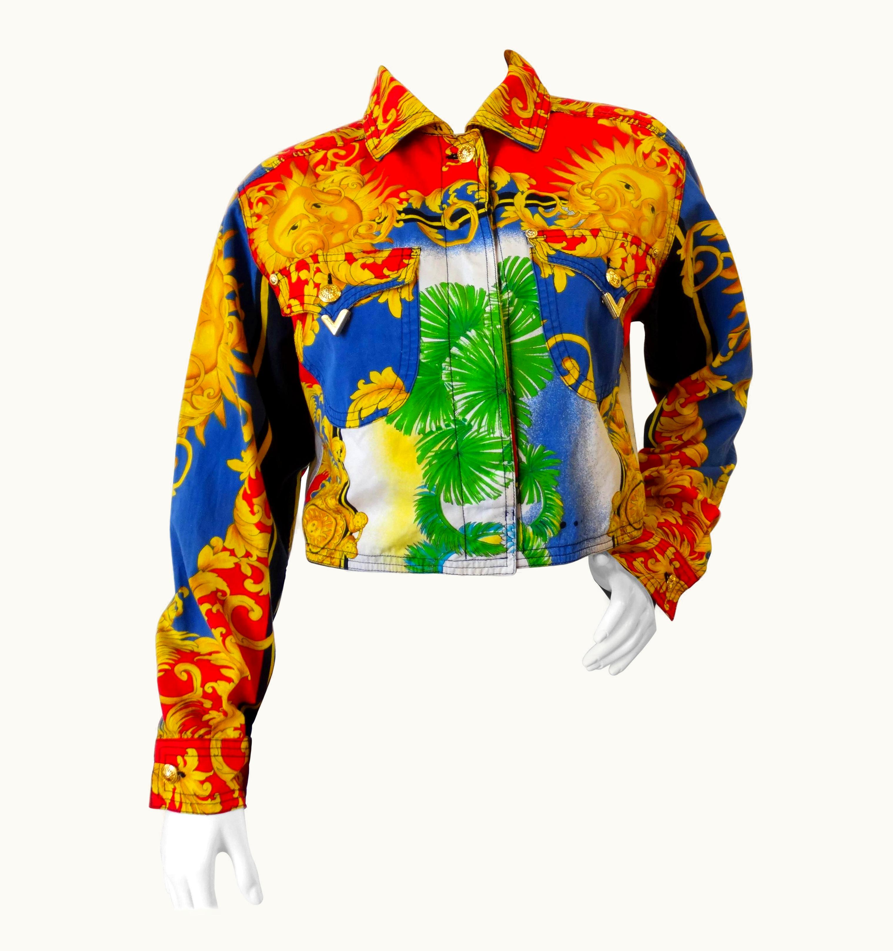 Gianni Versace Couture Gianni Versace Baroque Sun Miami Print Jeans Jacket Spring 1993