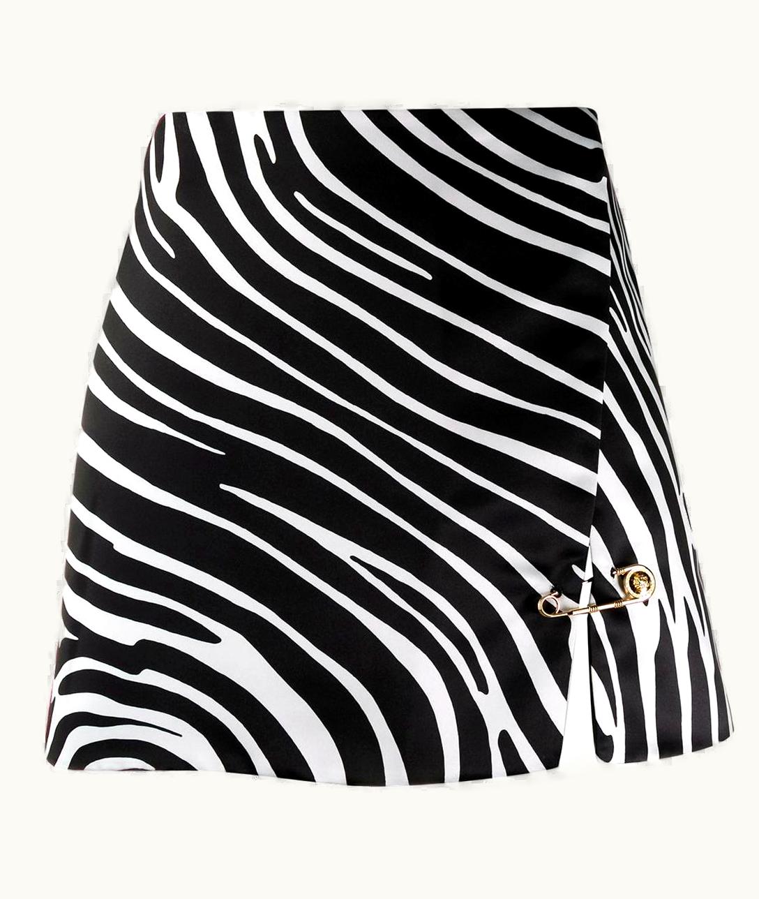 Versace Black & White Zebra Print With Medusa Safety Pin Mini Skirt