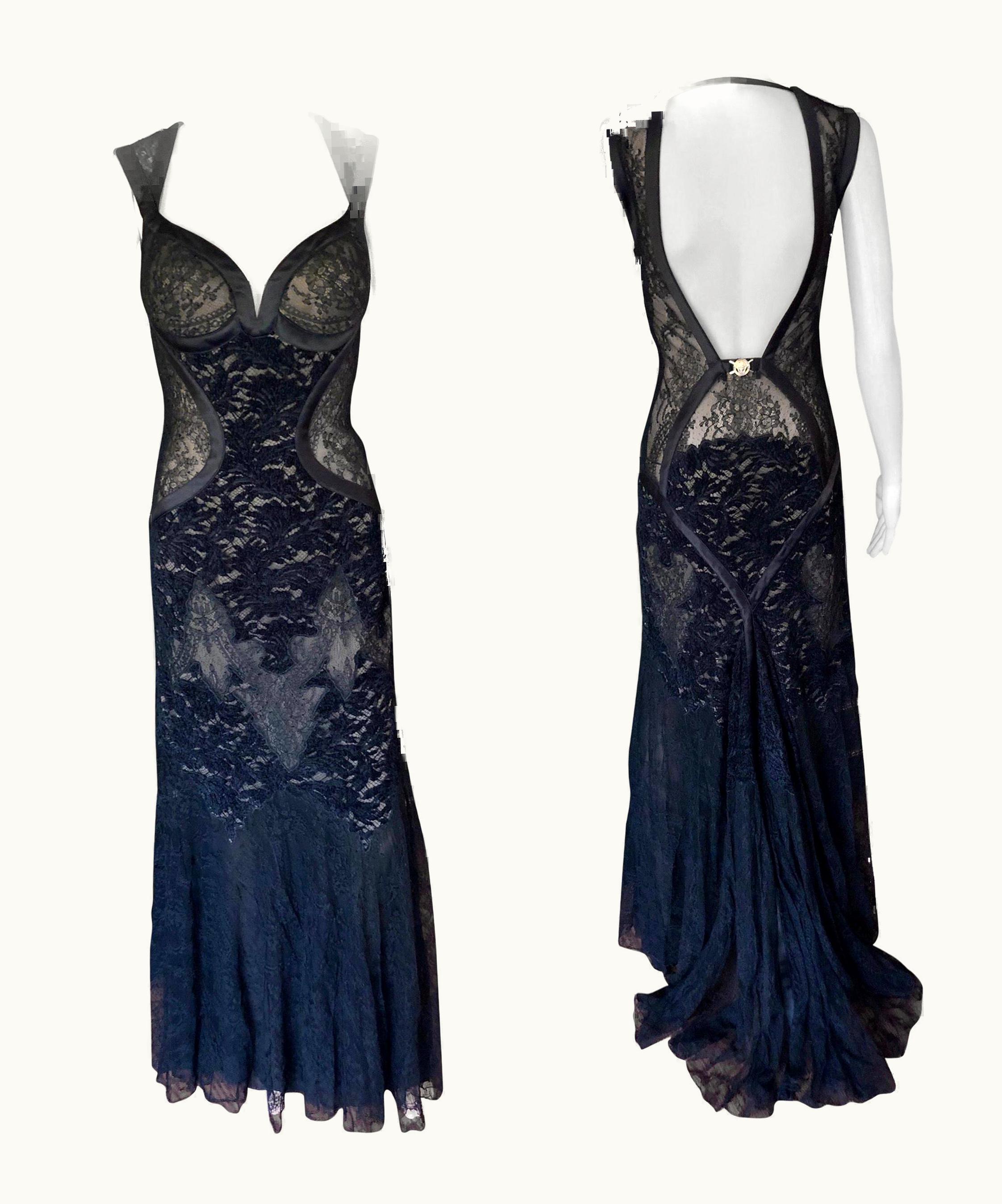 Versace AW 2005 Runway Bustier Sheer Lace Open Back Black Evening Dress Gown