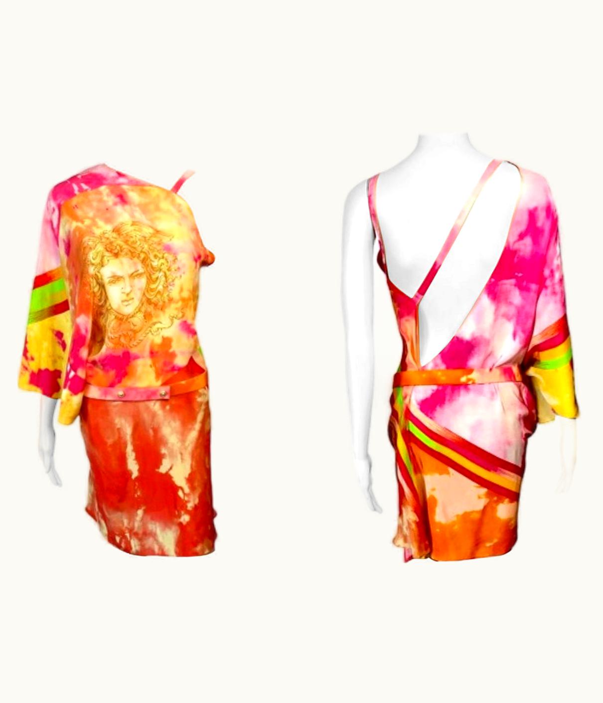 Versace S/S 2013 Runway Medusa Tie Dye Print Cutout Back Belted Mini Dress