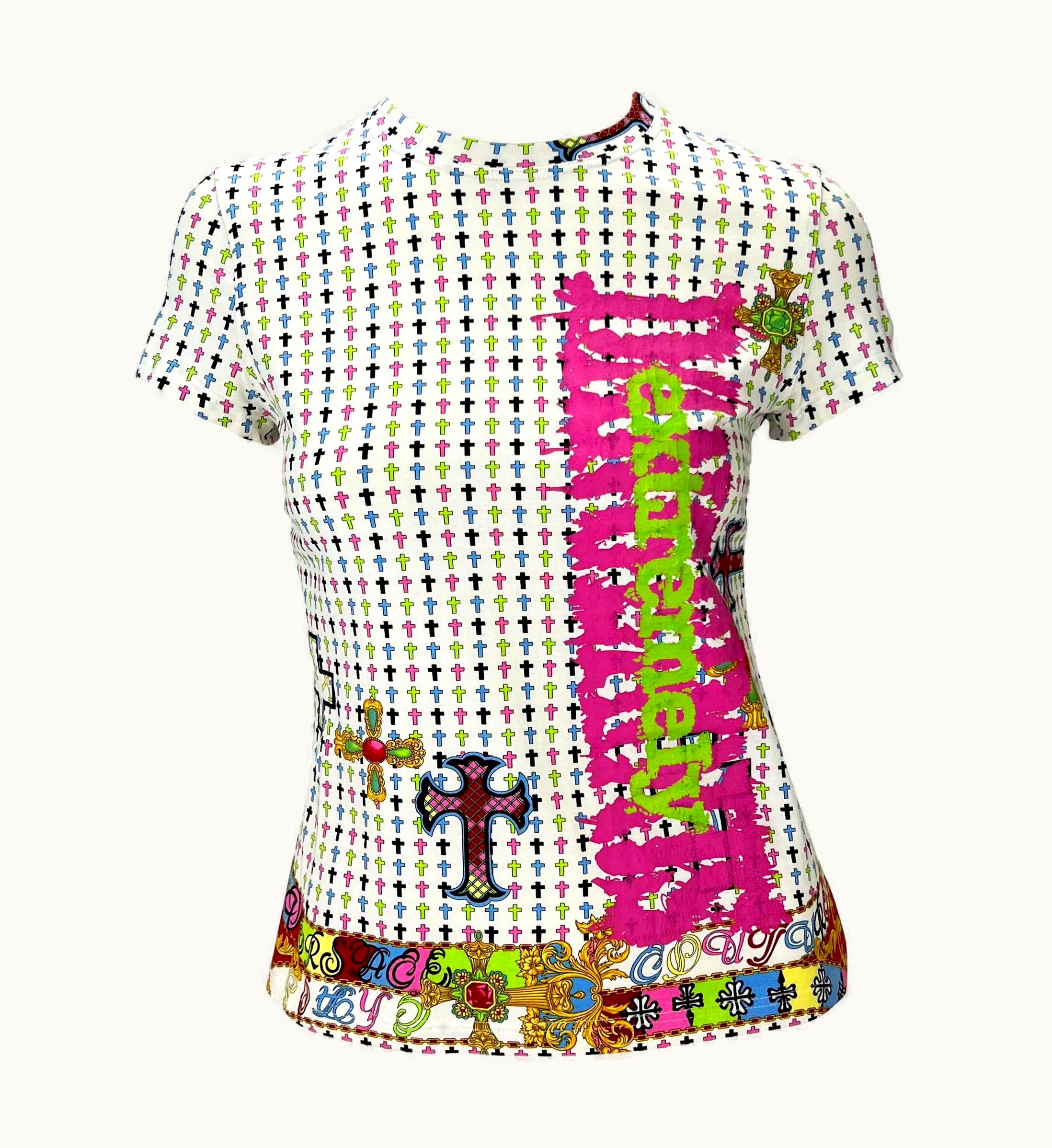 Versace S/S 2005 Versace Chaos Couture White Crucifix Print Stretch T-Shirt