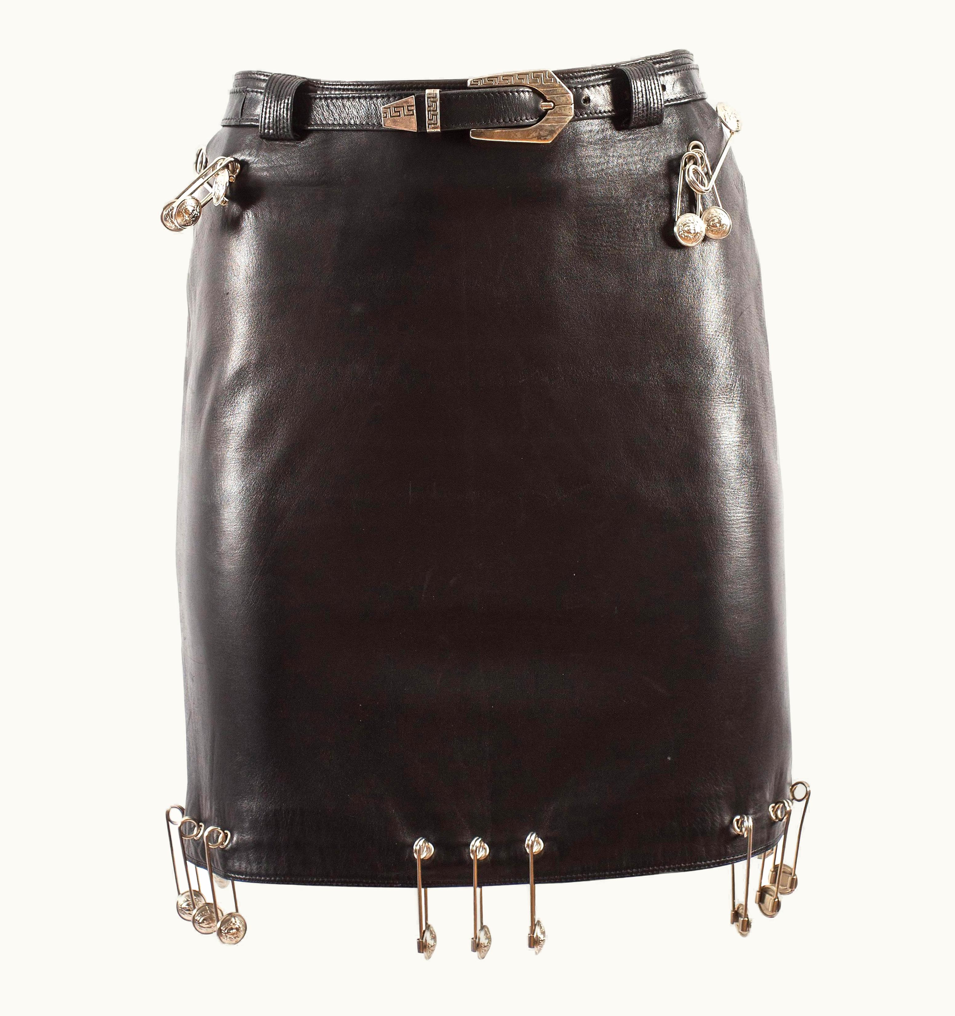 Gianni Versace Couture Gianni Versace Spring-Summer 1994 Black Lambskin Leather Skirt With Safety Pins