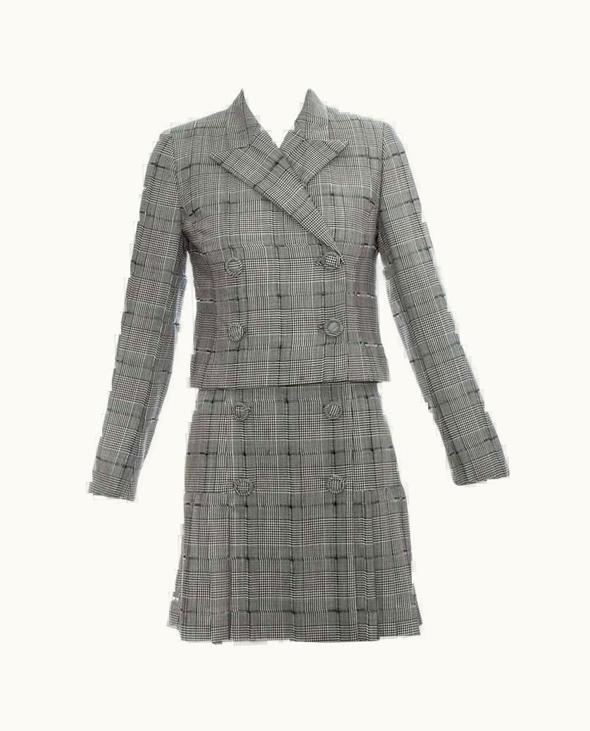 Gianni Versace Couture Gianni Versace Grey Checked Wool Pleated Skirt And Cropped Jacket, S/S 1994