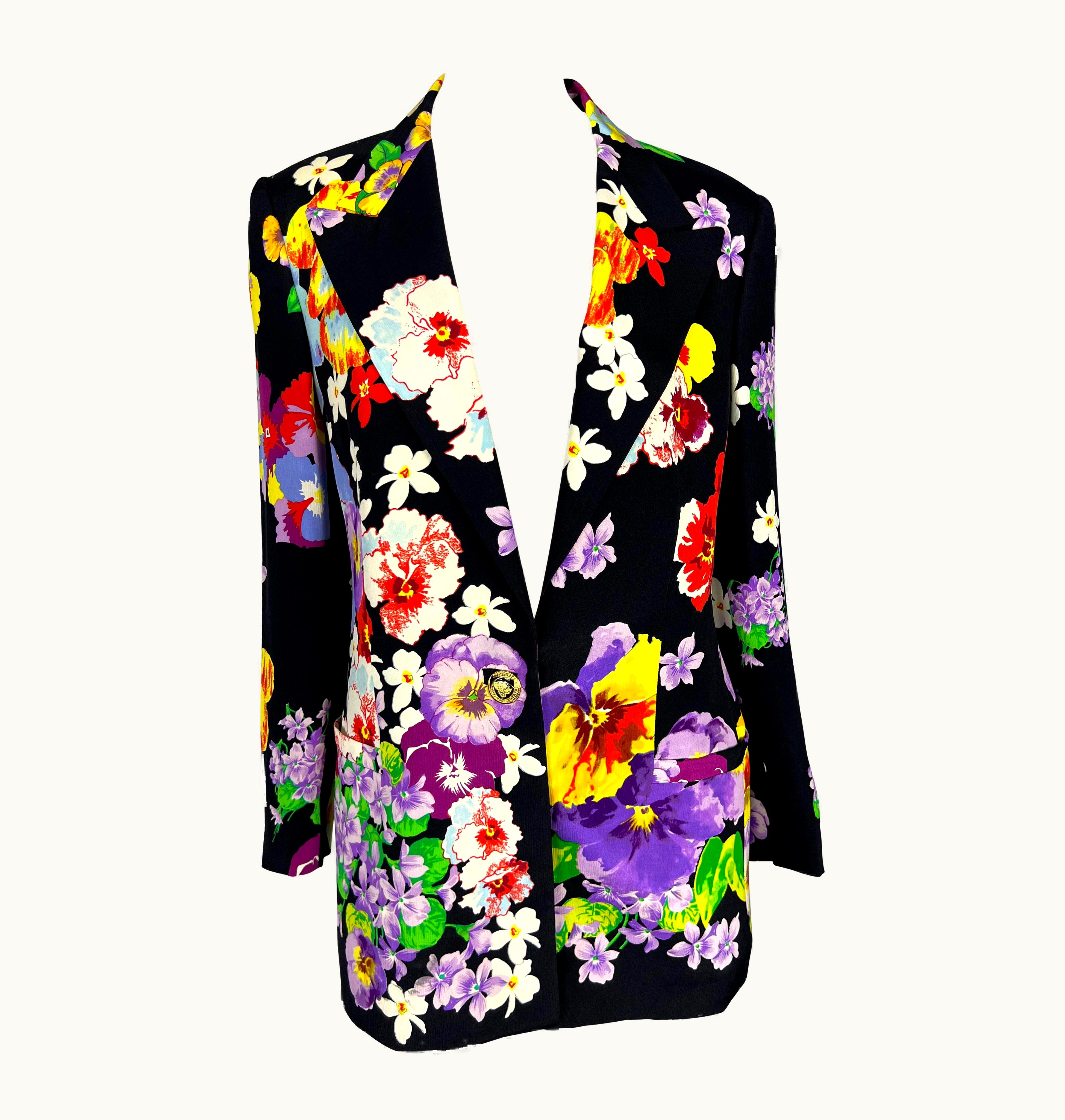 Gianni Versace Couture S/S 1994 Gianni Versace Couture Floral Print Black Silk Blazer Jacket