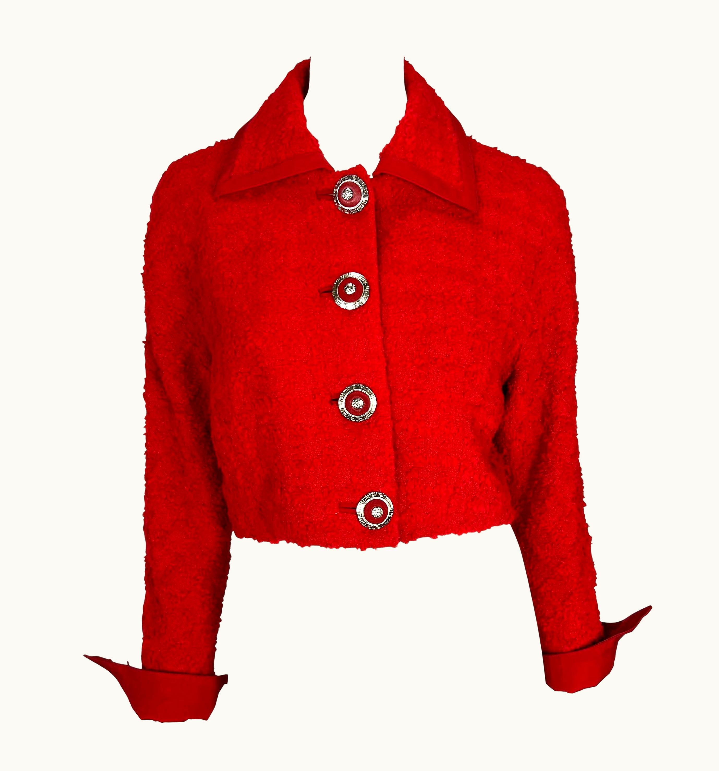Gianni Versace Couture AW 1994 Gianni Versace Couture Red Bouclé Tweed Cropped Medusa Jacket