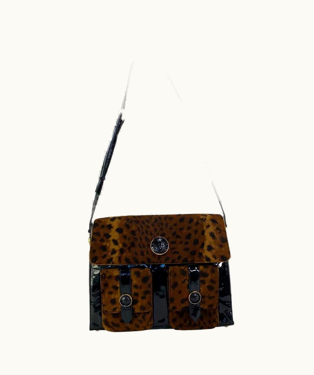 Gianni Versace Couture AW 1994 Gianni Versace Couture Runway Faux Fur Leopard Print Messenger Bag