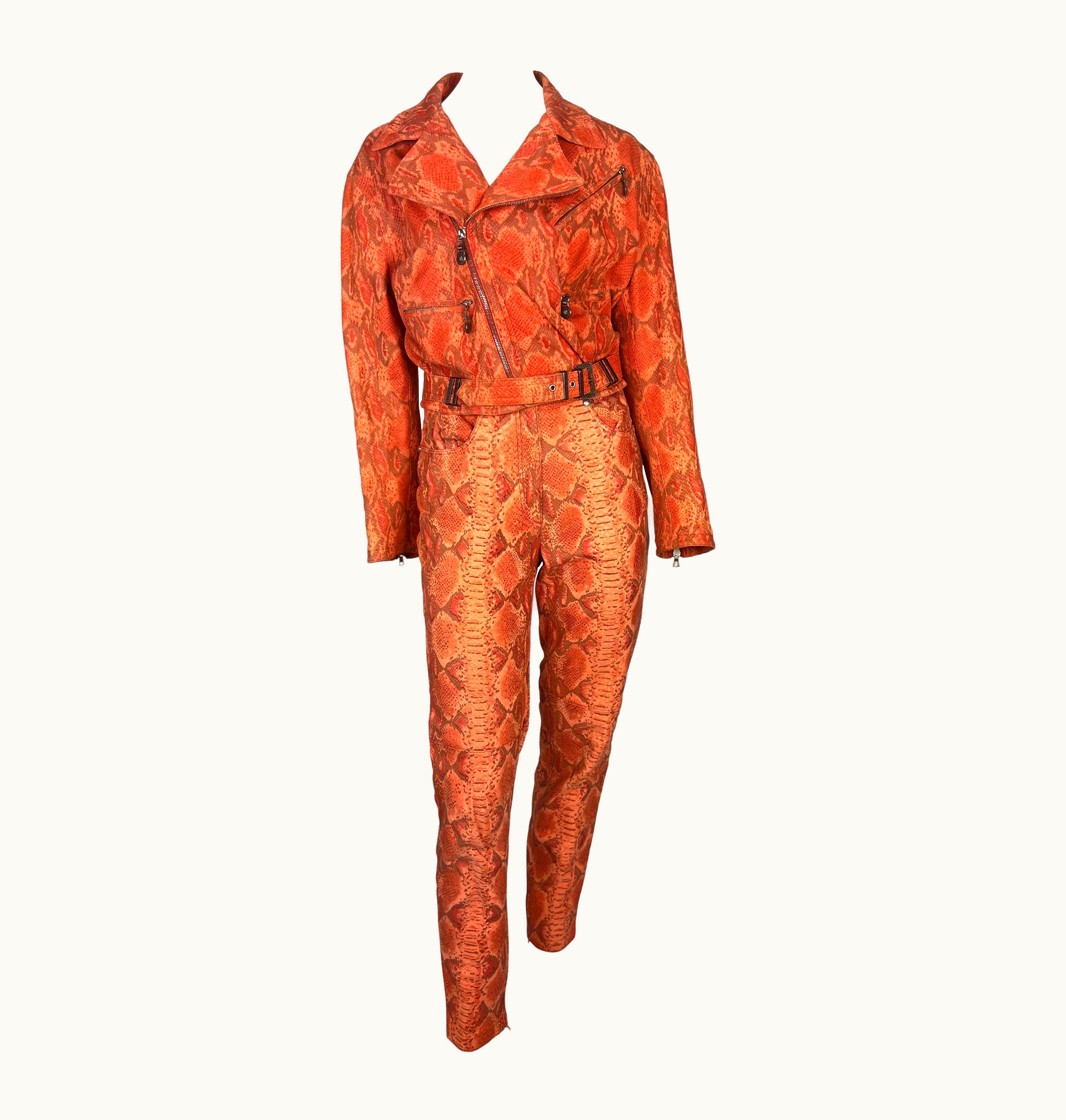 Gianni Versace Couture AW 1994 Gianni Versace Orange Red Faux Snakeskin Medusa Biker Jacket Pant Set