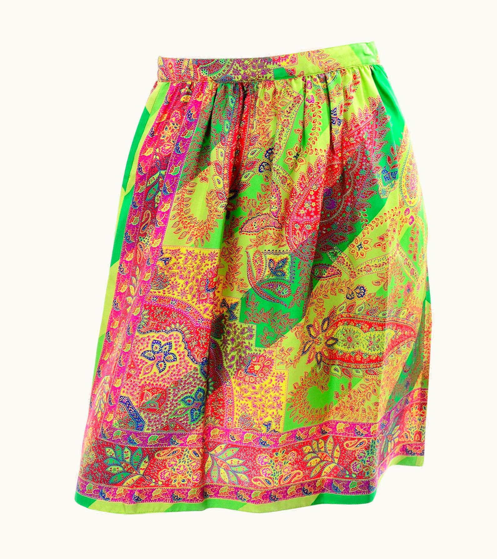 Gianni Versace Couture 1994 Gianni Versace Silk Scarf Print Skirt In Yellow, Green And Pink Red
