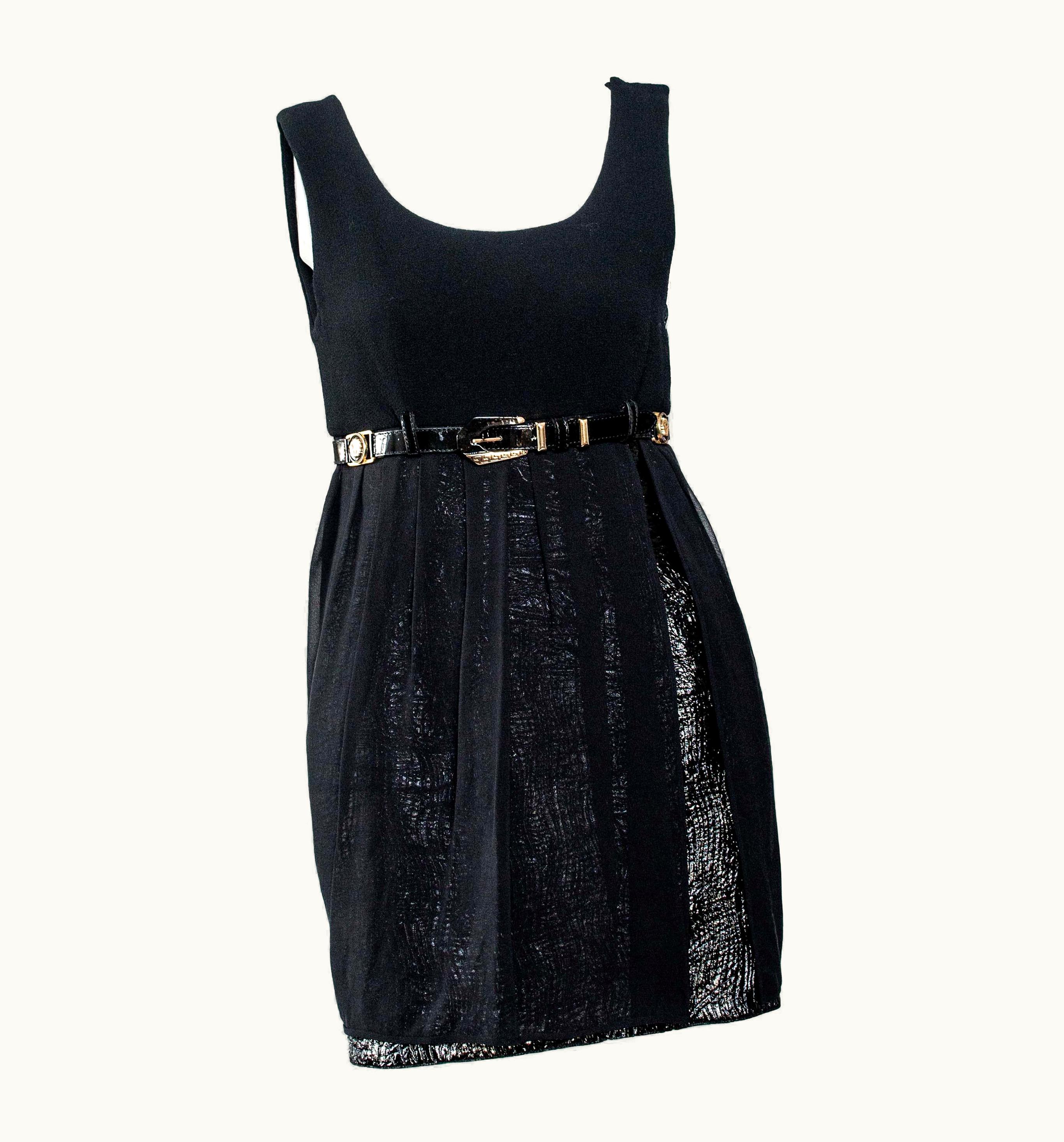 Gianni Versace Couture AW 1994 Gianni Versace Patent Leather And Chiffon Mini Dress With Medusa Belt
