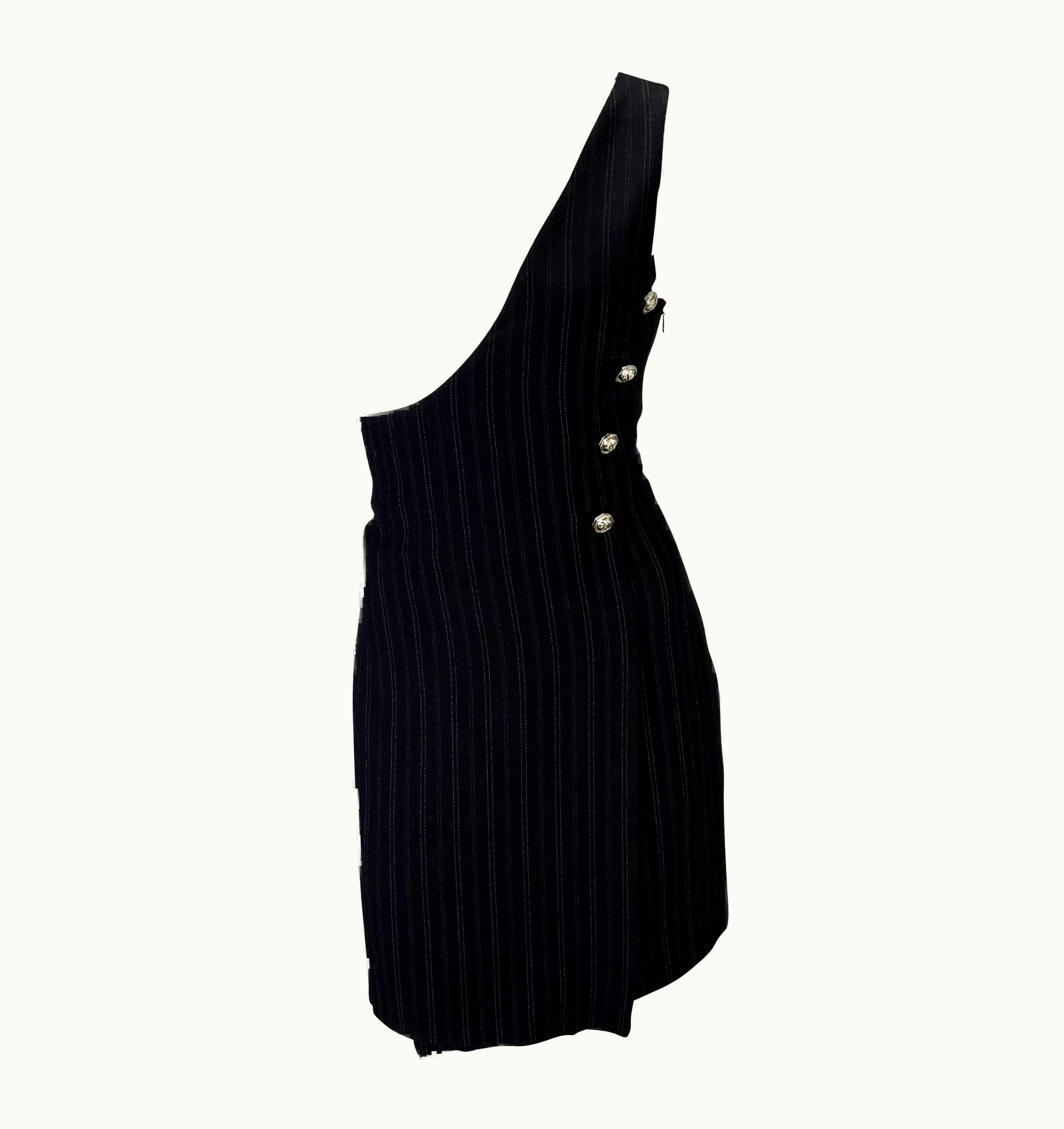 Gianni Versace Couture S/S 1994 Gianni Versace Couture Pinstripe Wool Asymmetric Medusa Punk Dress