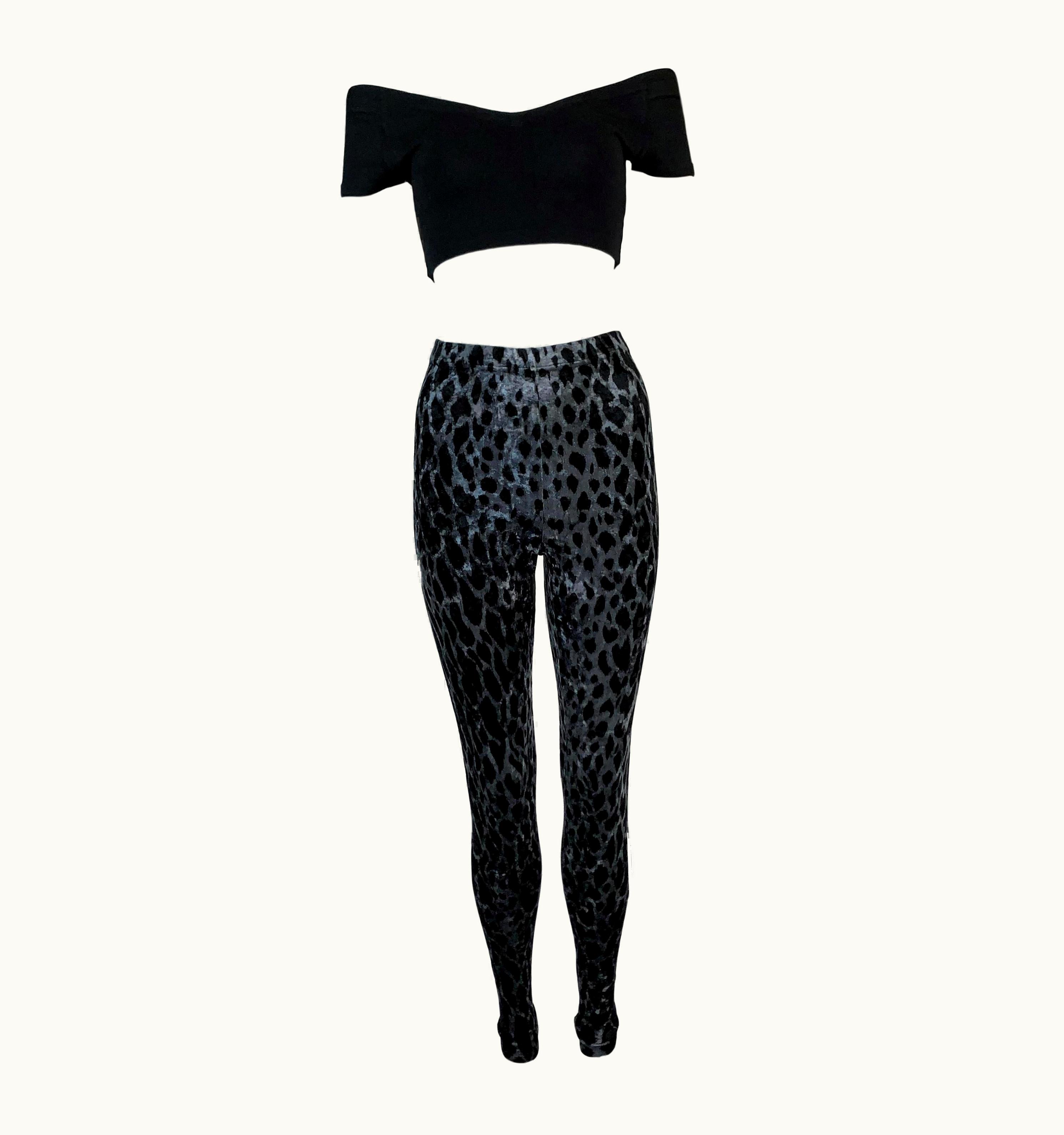 Gianni Versace Couture 1994 Gianni Versace Black Crop Top & Purple Leopard Velvet Leggings Set