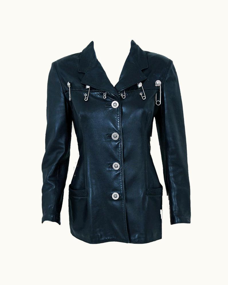 Gianni Versace Couture 1994 Gianni Versace Iconic Black Leather Saftey-Pins Jacket