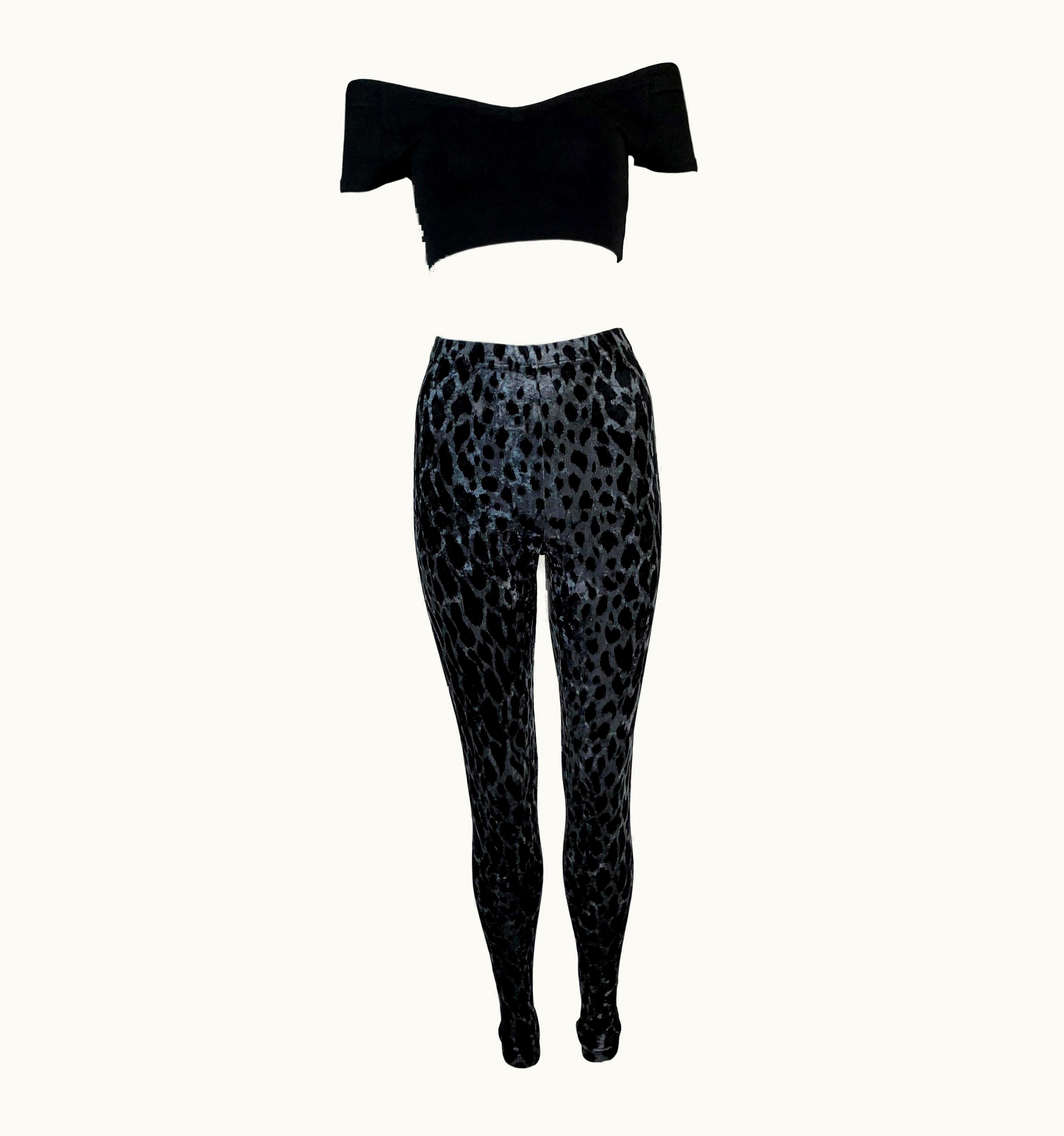 Gianni Versace Couture Vintage 1994 Gianni Versace Black Crop Top & Purple Leopard Velvet Leggings Set