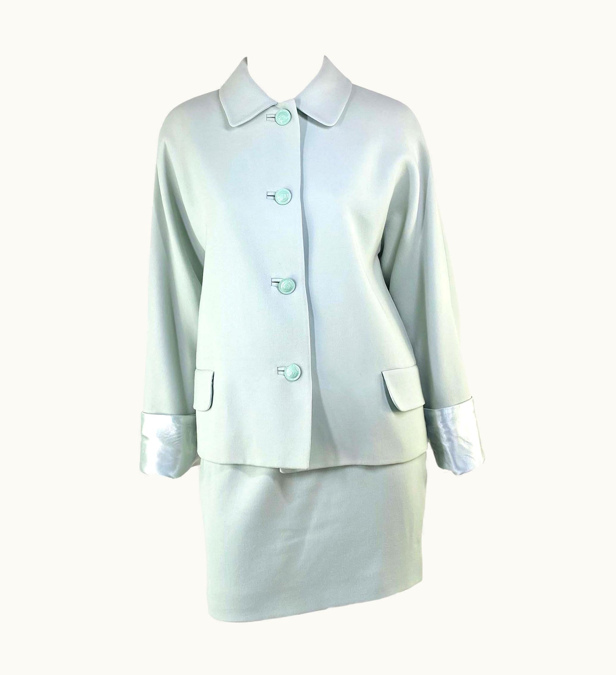 Gianni Versace Couture AW 1995 Gianni Versace Couture Runway Medusa Light Blue Wool Satin Skirt Suit
