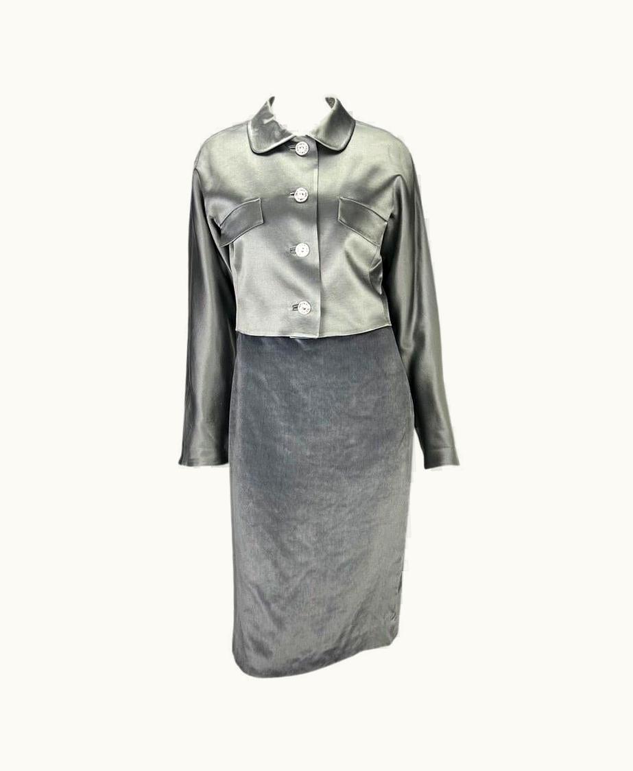 Gianni Versace Couture AW 1995 Gianni Versace Runway Grey Satin Velvet Dress Rhinestone Jacket Set