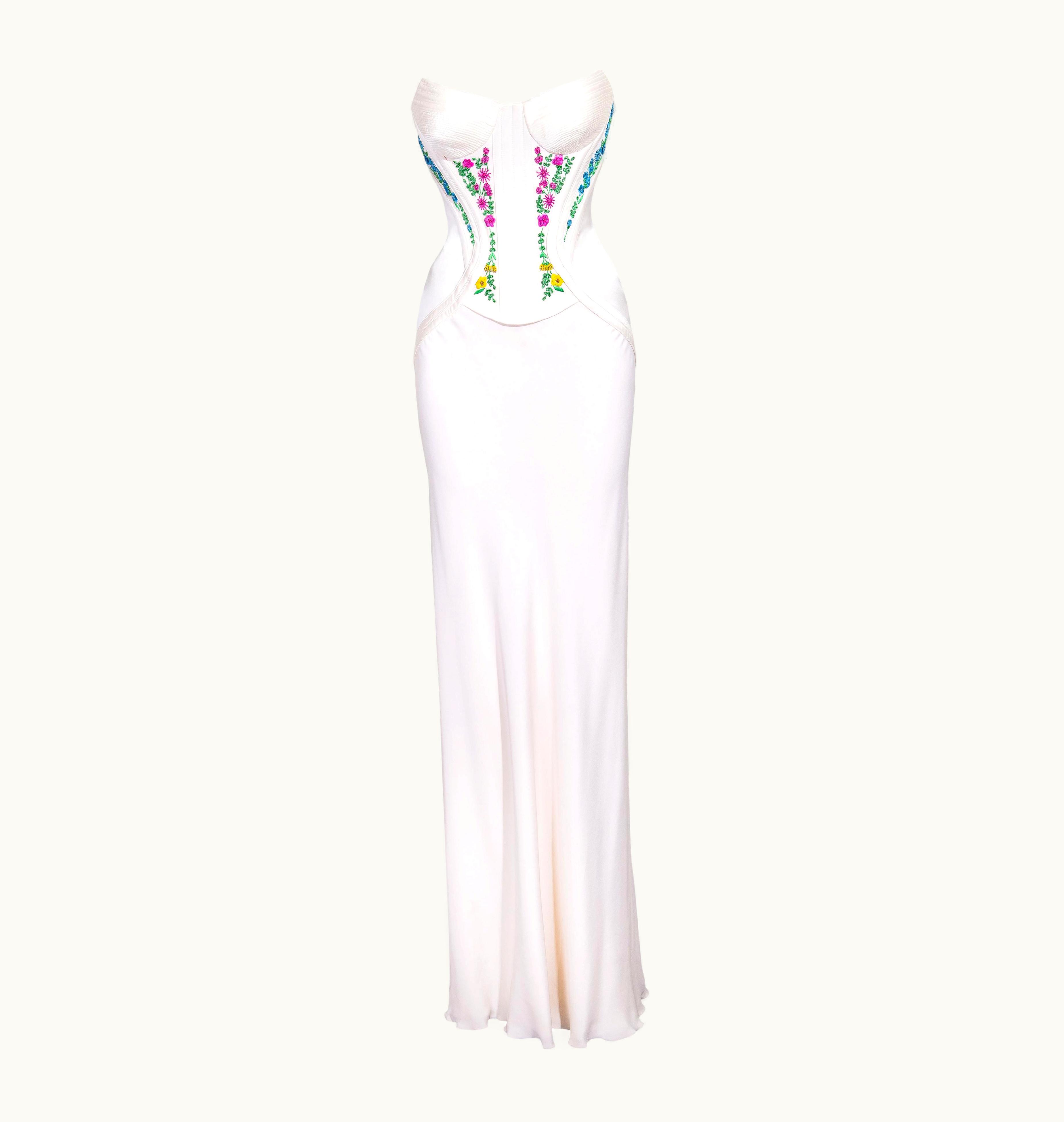 Versace 2000' Atelier Versace White Gown With Colorful Floral Embroidery