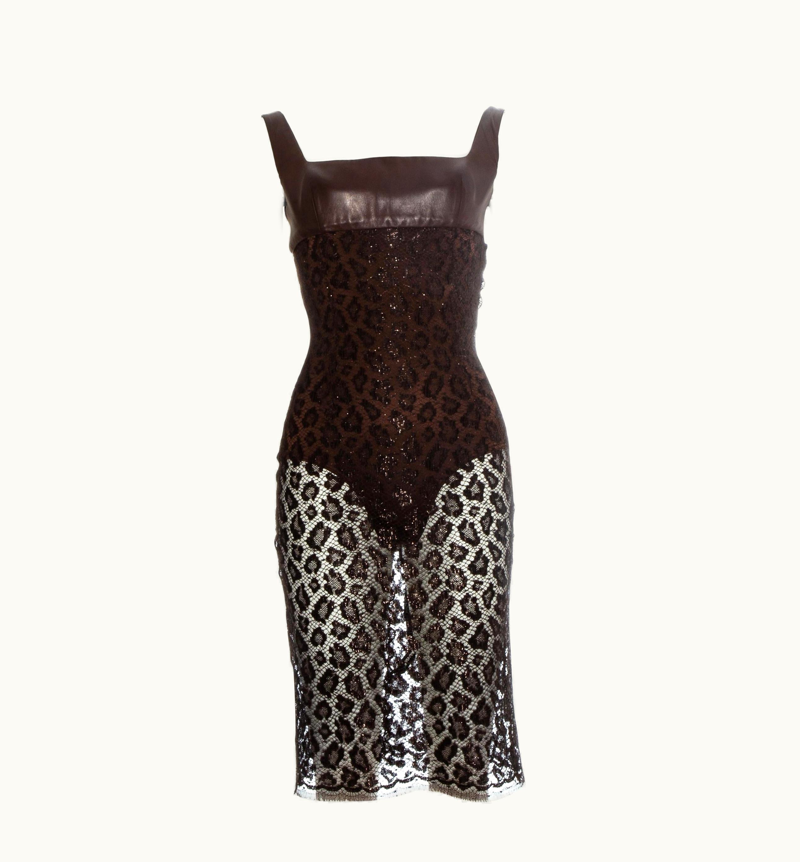 Versace Atelier Versace Brown Leopard Lamé Lace And Leather Couture Dress, S/S 1996