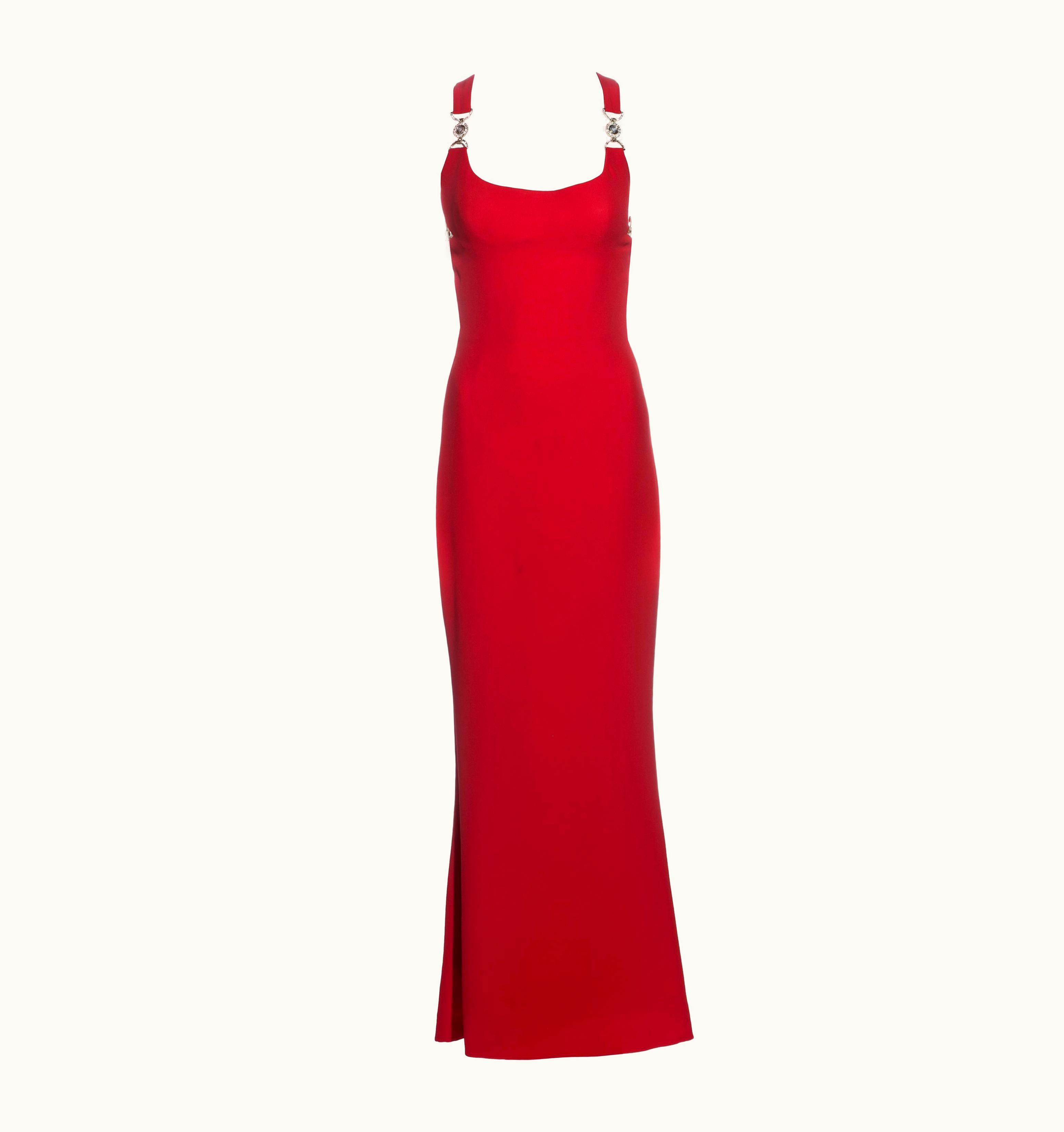 Gianni Versace Couture Gianni Versace Red Silk Evening Maxi Dress With Crystal Medusa Straps, AW 1996