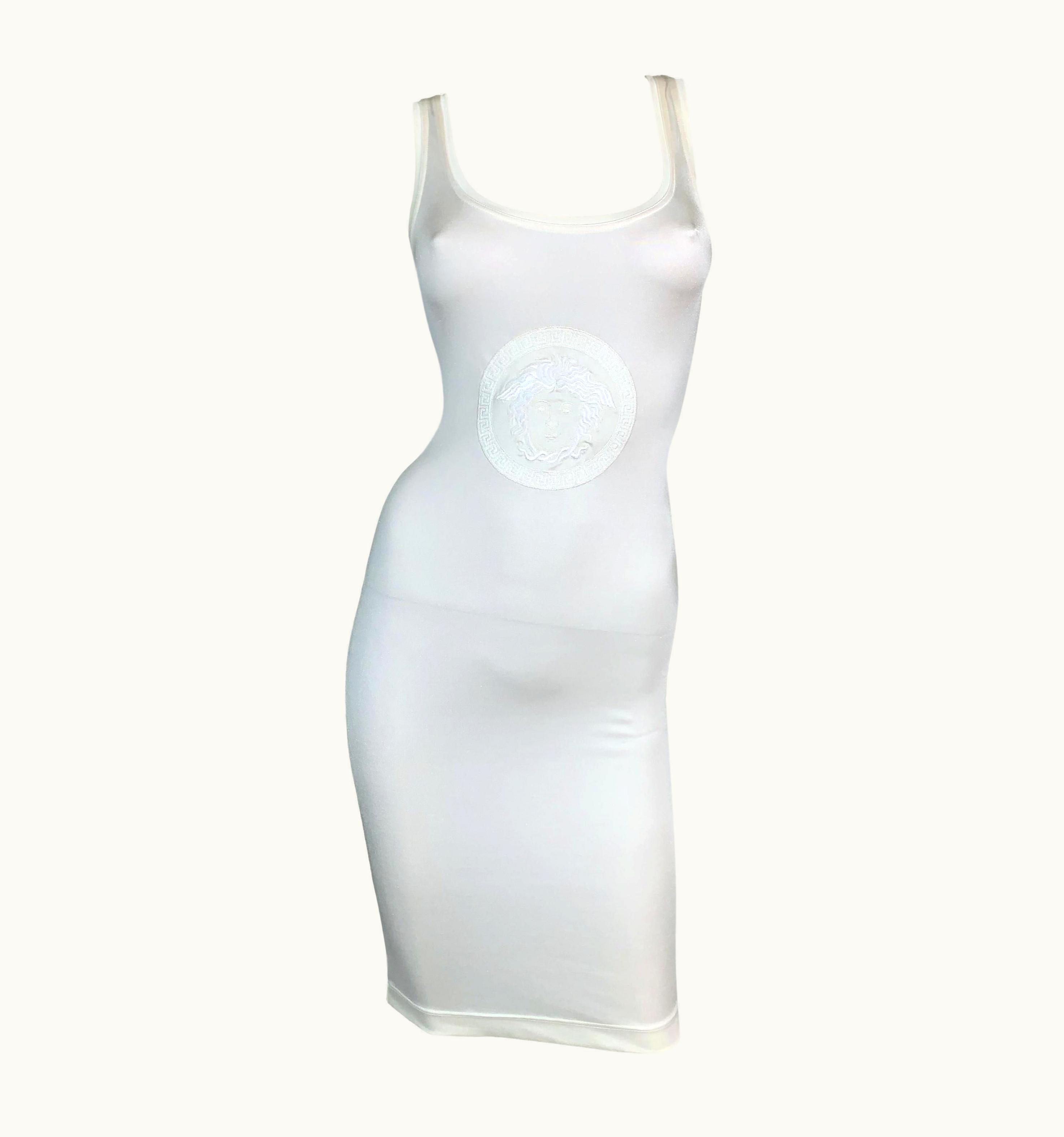 Gianni Versace Couture S/S 1996 Gianni Versace Sheer Pearl Ivory Nylon Bodycon Medusa Logo Dress