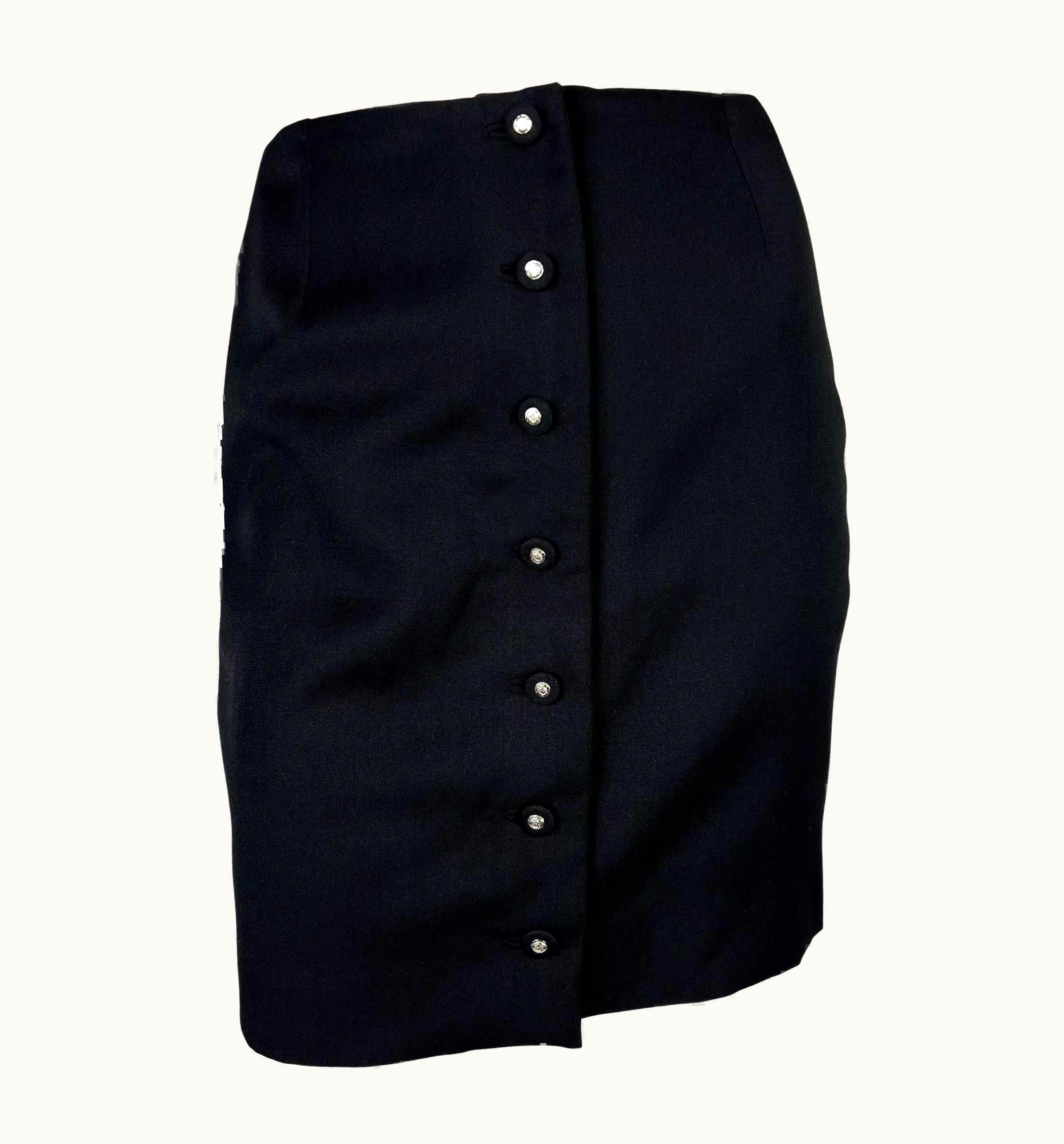 Gianni Versace Couture S/S 1996 Gianni Versace Couture Medusa Button Black Stretch Wool Mini Skirt